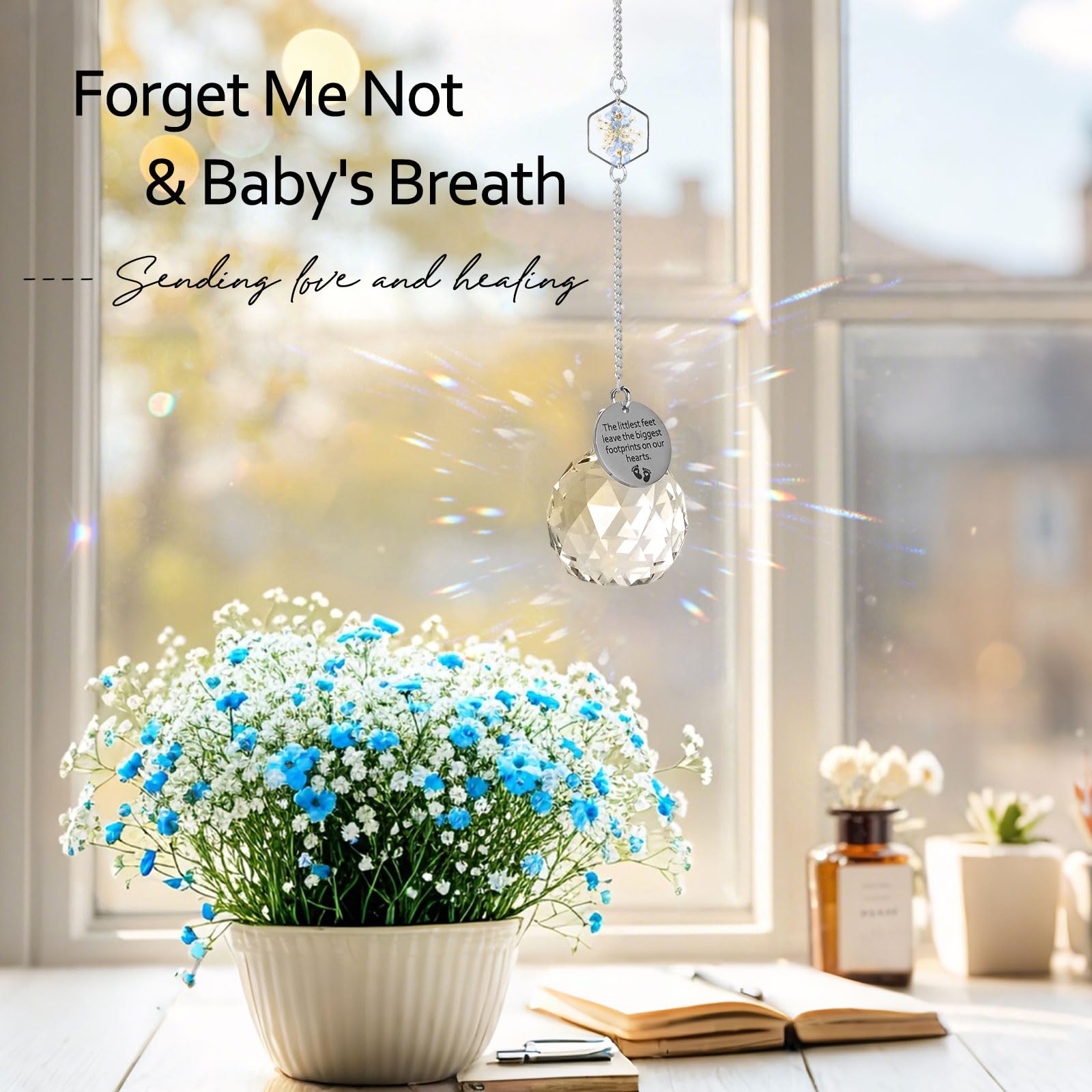 Miscarriage Memorial Suncatcher Gifts for Mothers Dad, Handmade Forget Me Not Baby's Breath Pressed Flower Miscarriage Ornament, Bereavement Remembrance Gift for Loss of Baby (Blue White)