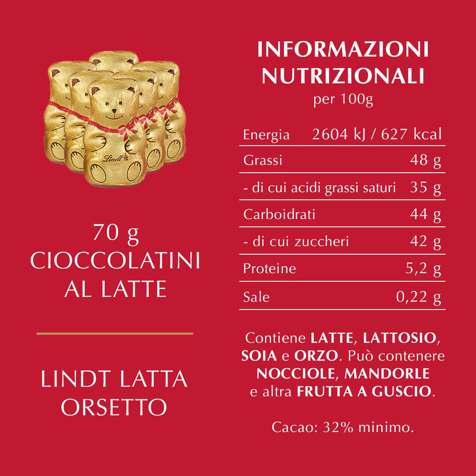 Lindt Latta Orsetto, Latta con Orsetti di goloso cioccolato al latte Lindt, Formato 70g