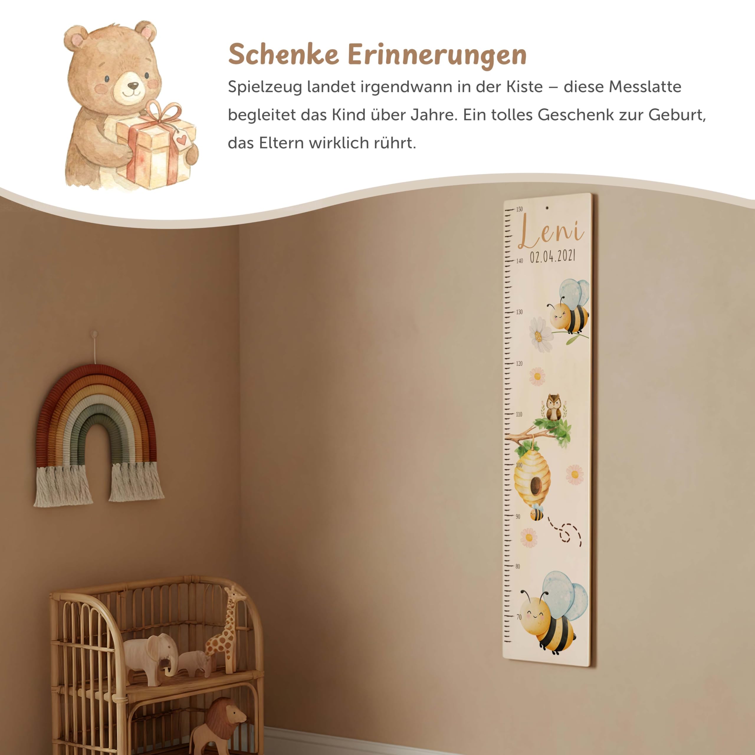Kidsmood - Personalisierte Messlatte Kinder aus Holz – Hochwertige Messleiste & Wand-Deko für Baby- & Kinderzimmer mit zauberhaftem Biene – Tolles Taufgeschenk für Mädchen & Jungen - Skala 65-140cm
