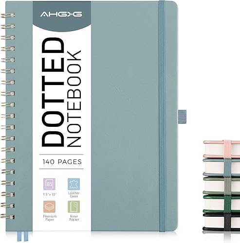 Vista 86 de AHGXG Cuaderno de espiral con puntos y viñetas, cuaderno de cuero de tapa dura de 140 páginas, cuaderno de papel de cuadrícula de puntos A5, papel