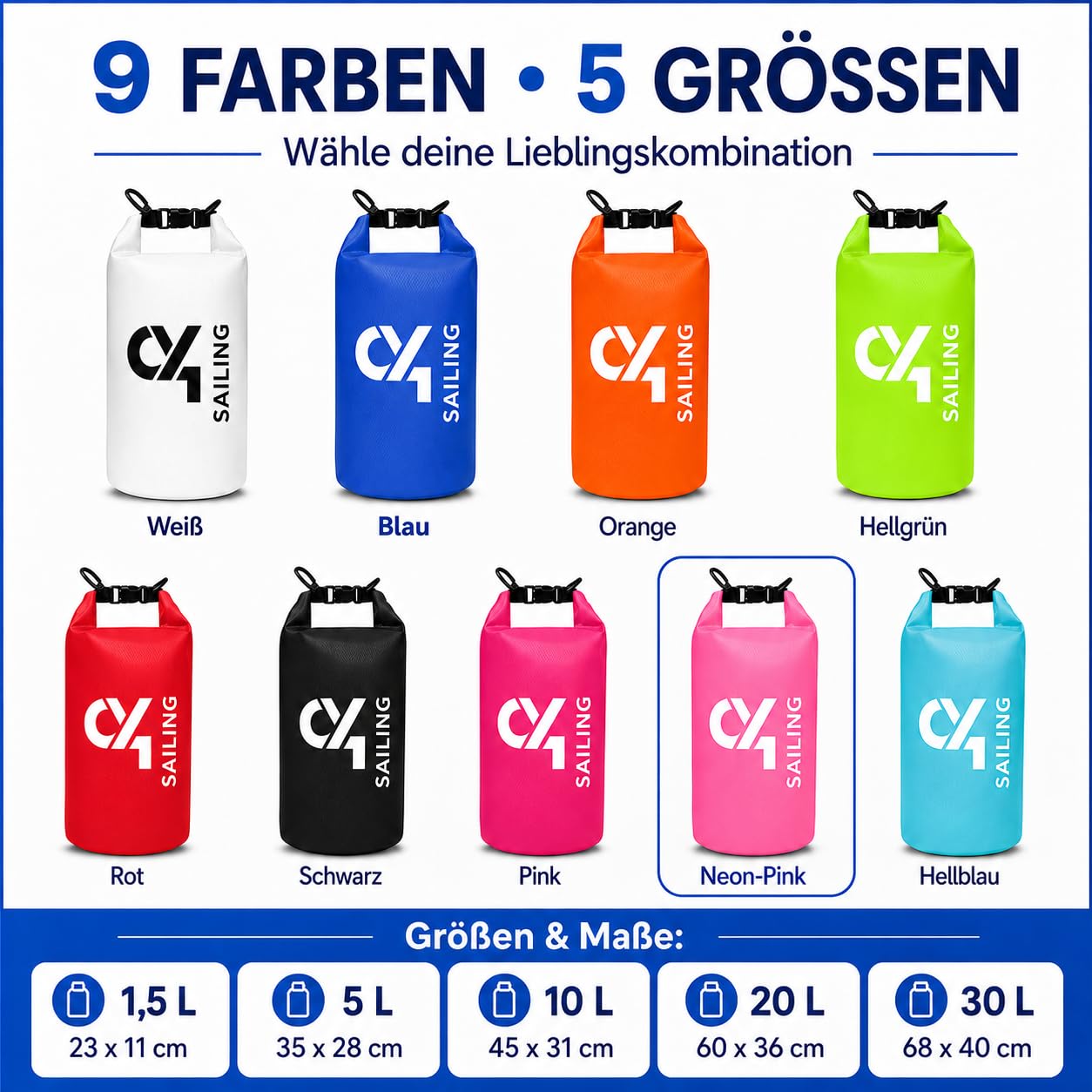 C4S Ripstop Dry Bag 10 L Neon Pink – wasserdichte Tasche | reißfester wasserfester Packsack Seesack Beutel Waterproof Drybag mit Rollverschluss | Kajak SUP Strand Boot Camping Reise Outdoor