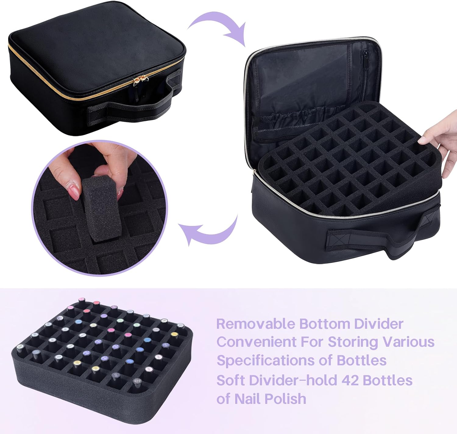 Nail Polish Organizer Holds 42 bottles(15ml-0.5fl.oz)，Nail Polish Carrying Case with Pad Multifunctional Cosmetic Travel Makeup Bag Black