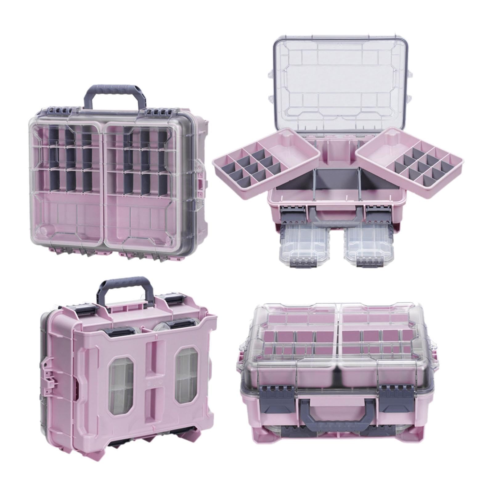 Boîte de Rangement à 3 Niveaux pour Matériel de Pêche avec Poignée, pour Leurres et Hameçons, Rose