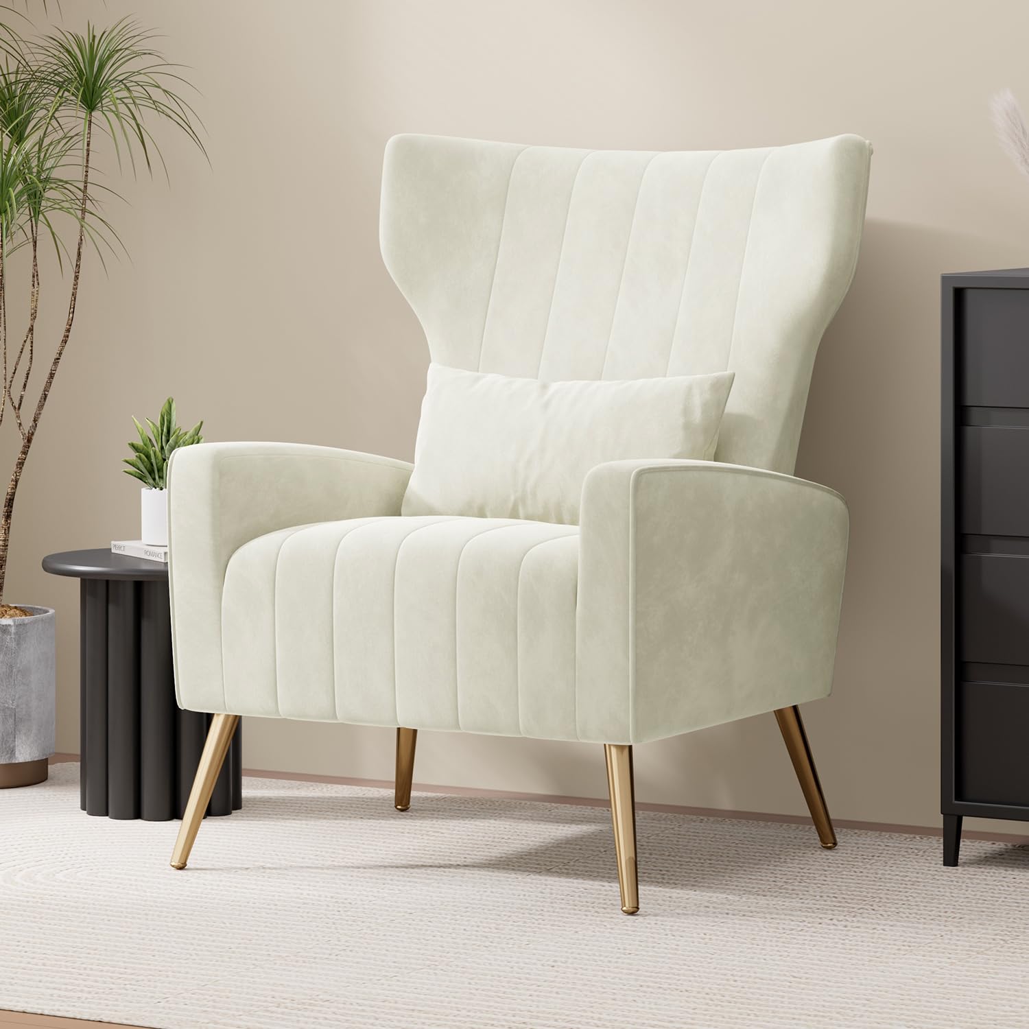 Hawthyhome Velvet Armchair Recliner with Comfortable Cushion with Pillow Golden Metal Legs Padded Seat Lounge Couch Armchair for Living room,and Bedroom Beige