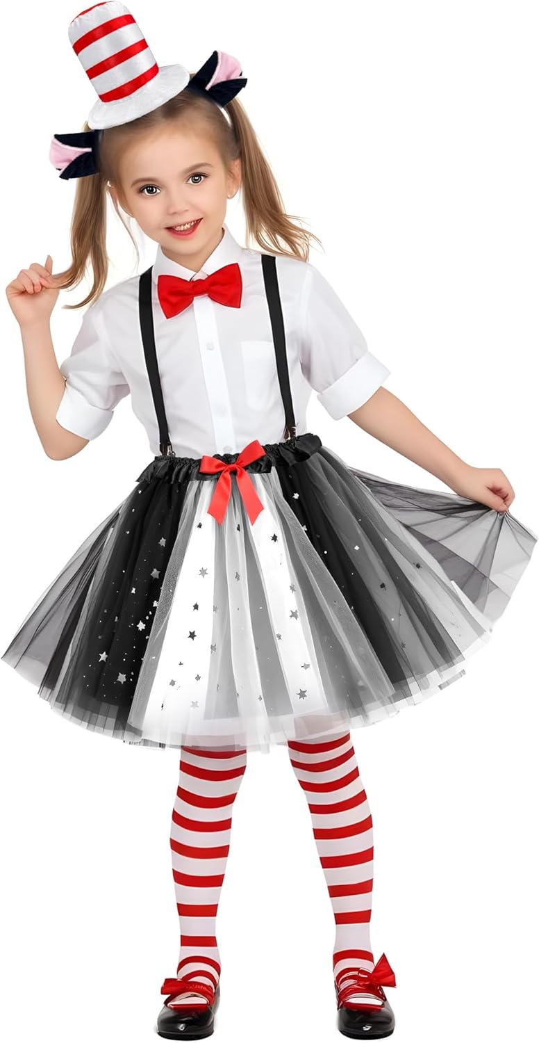 Cat Costume Set, Cat Costume Kit Including Top Hat Headband Tutu Skirt Bowtie Tail Socks Gloves for Halloween School Day - Image 7