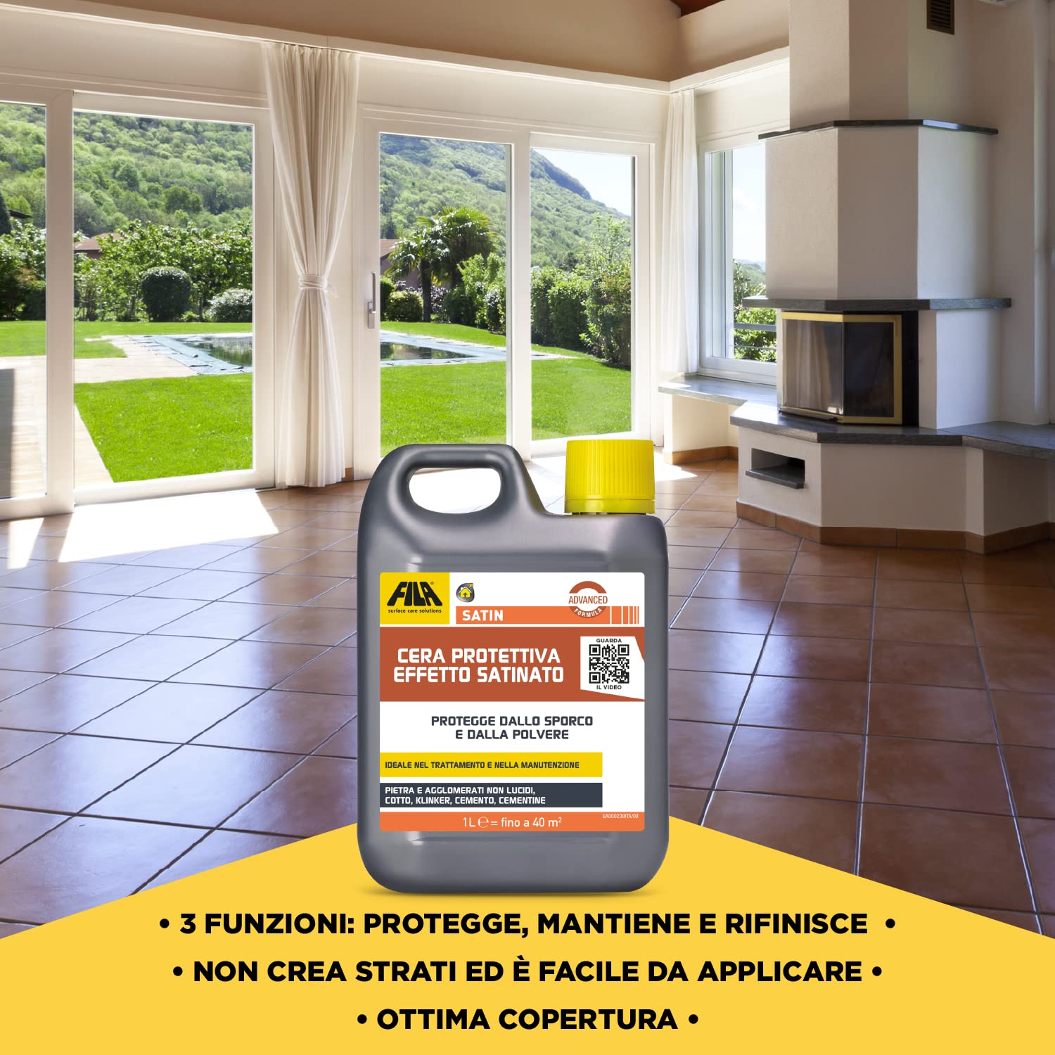 Fila Surface Care Solutions, Satin, Cera Protettiva Ad Effetto Satinato Ideale per Pavimenti in Cotto, Klinker, Pietra e Agglomerati Non Lucidi, Cementine, 1L