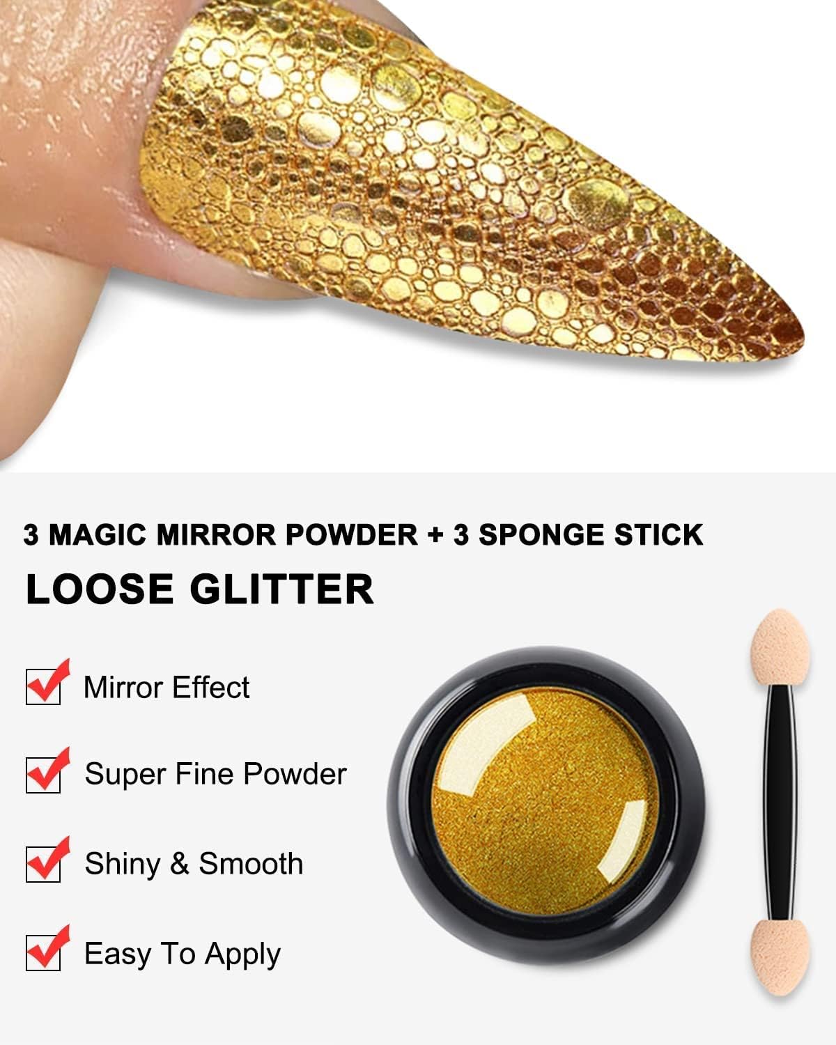 KIRA Store Colors Chrome Nail Powder Set, Reflective Glitter Metallic Mirror Effect for Nails Art Design 3D Holographic Silver Rose Gold Pigment (3- PCS, Gold - Silver- Rose Gold) - Image 2 thumbnail