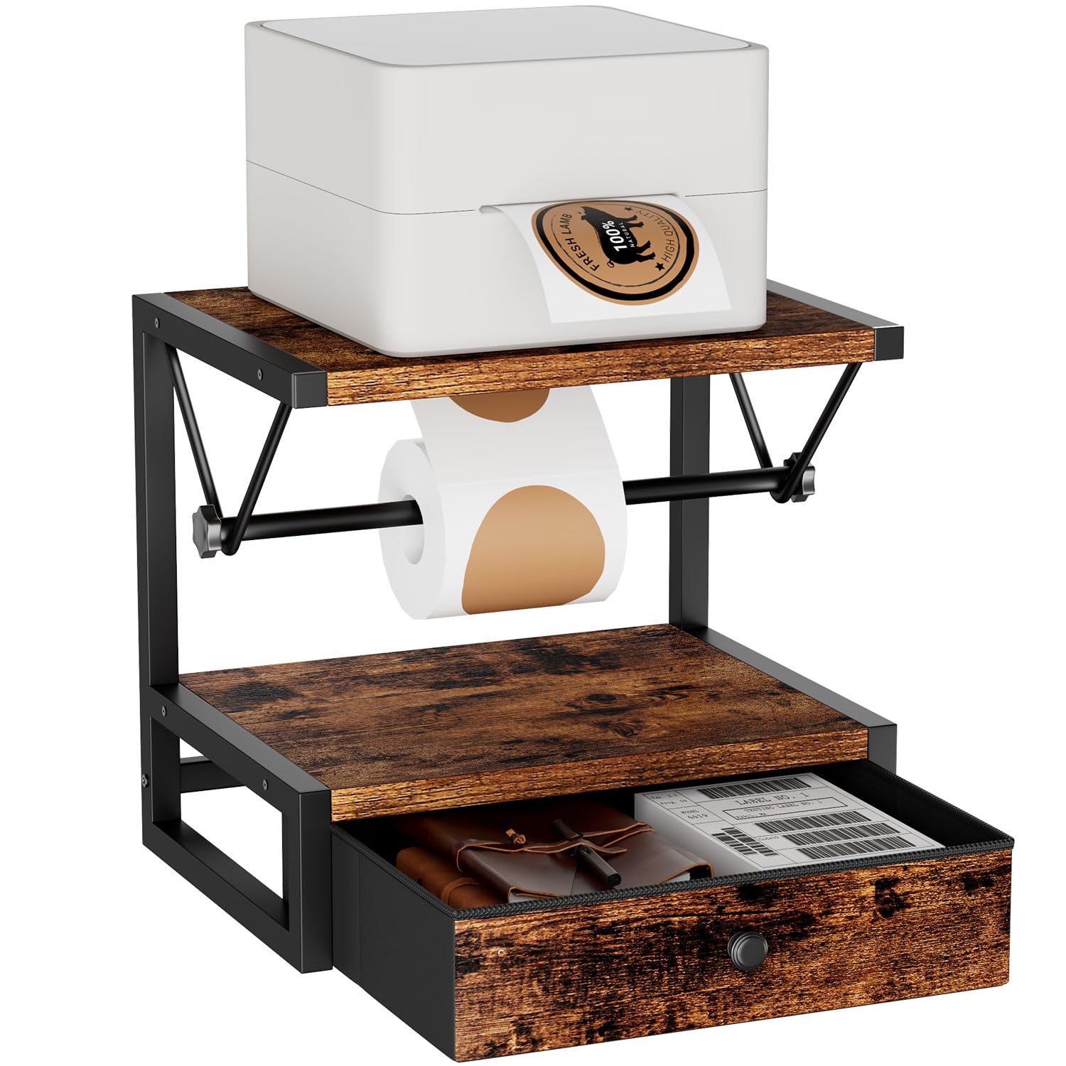 IBUYKE Supporto per etichetta rotoli e pieghevoli, supporto termico in legno per stampanti desktop, marrone TPS003H