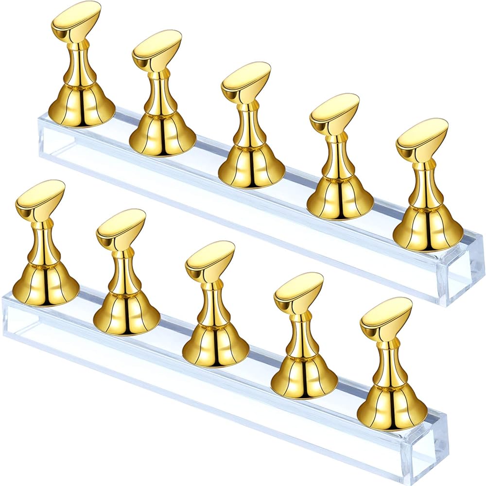 Blulu 2 Sets Nail Stand for Press on Acrylic Nails Display Practice Magnetic Fake Nail Holder for Painting Nails for False Fingernail Manicure Tool Home DIY Salon Supplies(Gold)