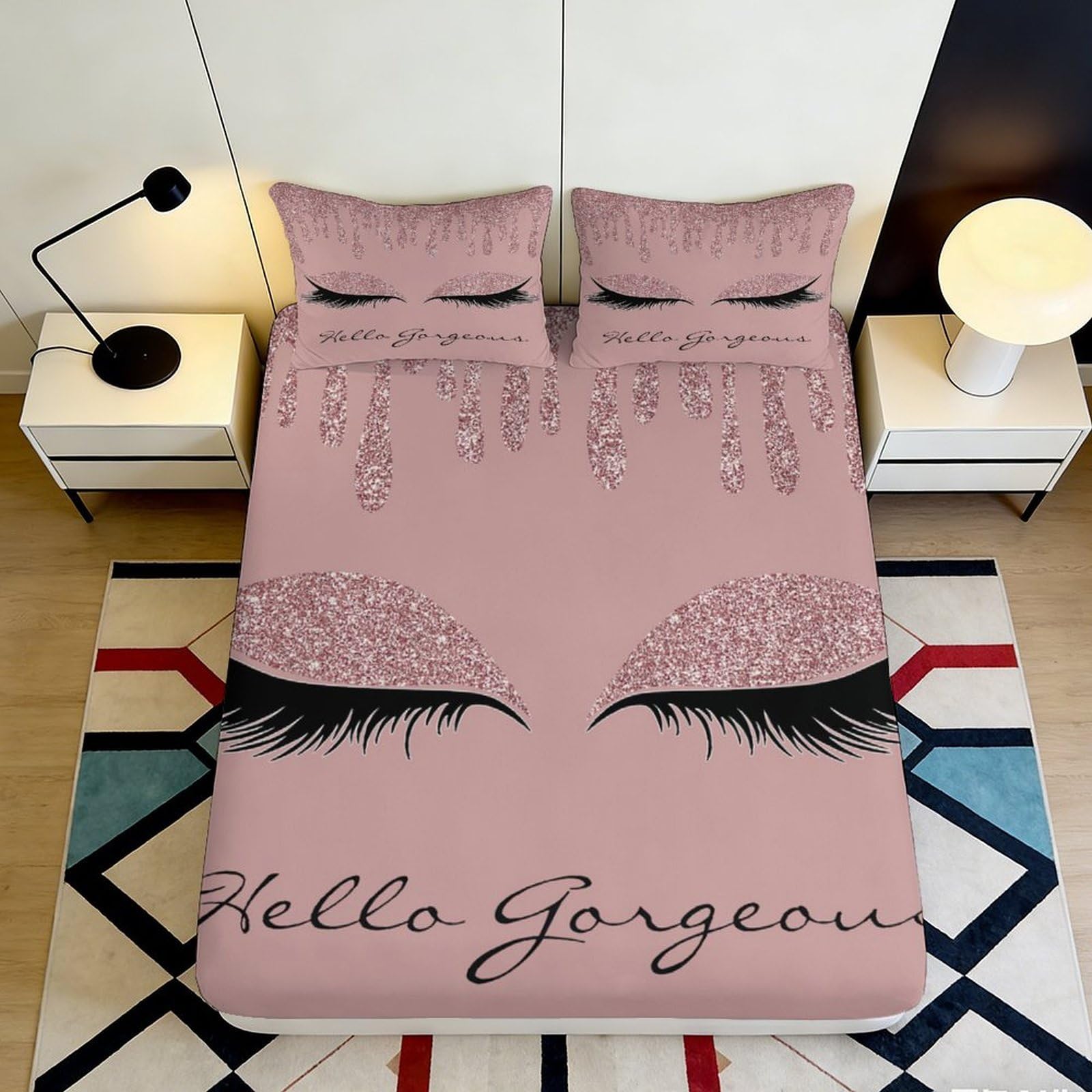 Kzqnxhjprl Style-4 3D Printed Pink Glitter Eyelash Fitted Sheet Microfiber Soft Bedroom Decor Hello Gorgeous Mattress Cover 90X200x25cm