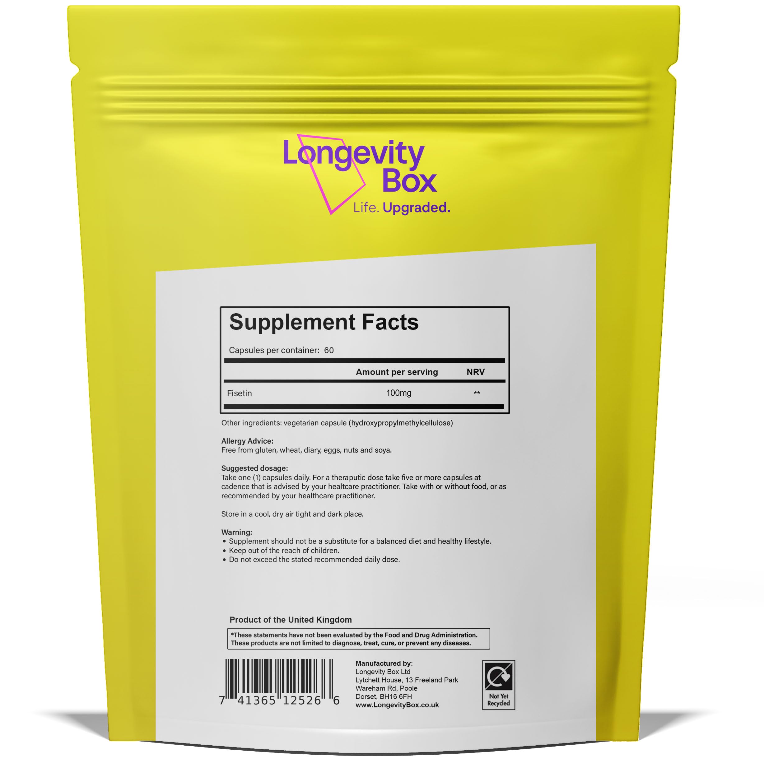 Fisétine 100 mg, 60 gélules, antioxydant 98 % pur, testé par un laboratoire tiers, végan, pour soutien du vieillissement sain, de la longévité et de la santé cellulaire