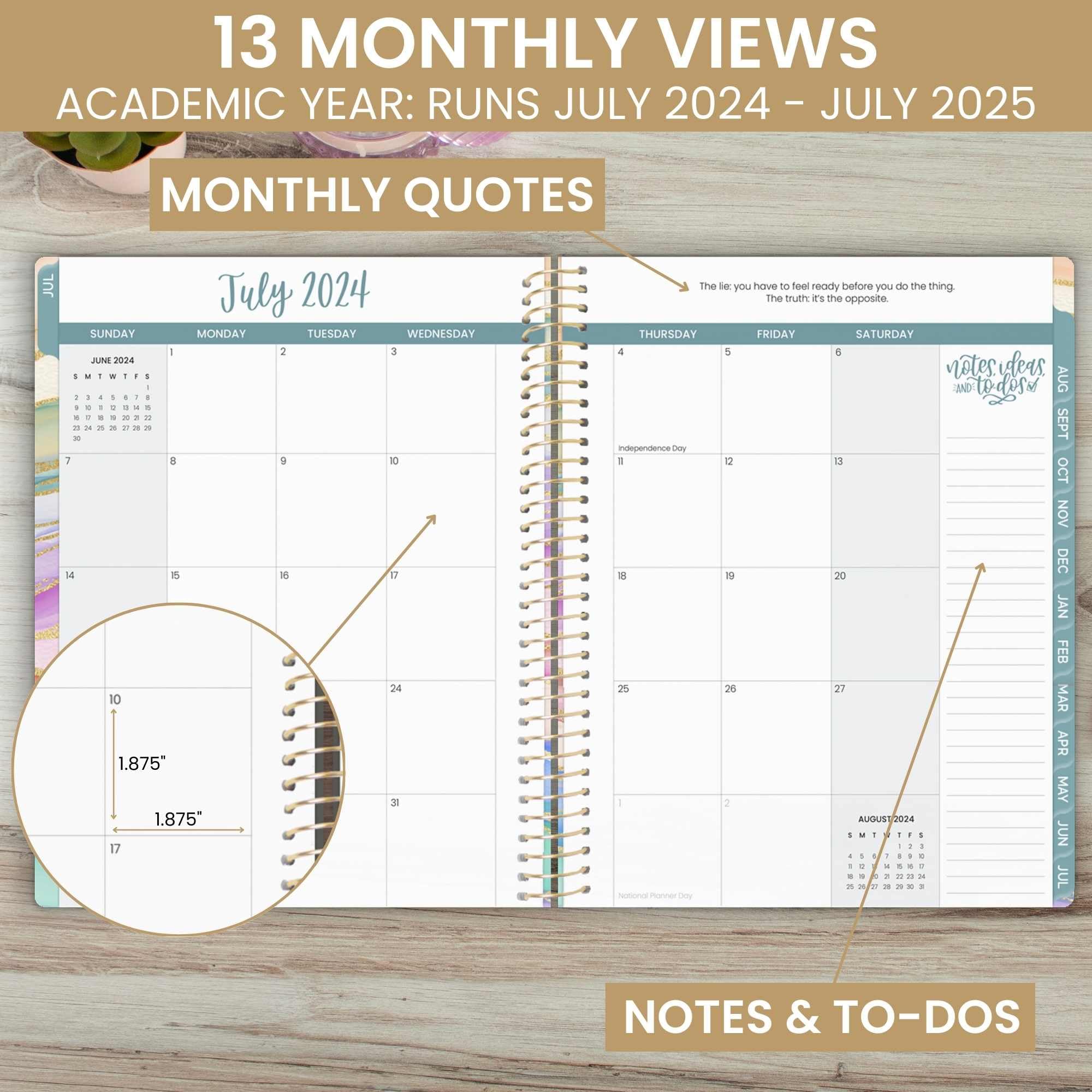 bloom daily planners Agenda 2024-2025 (21,6 x 27,9 cm) (luglio 2024 - luglio 2024) - Agenda settimanale/mensile con linguette e adesivi, motivo onde acquerellabili