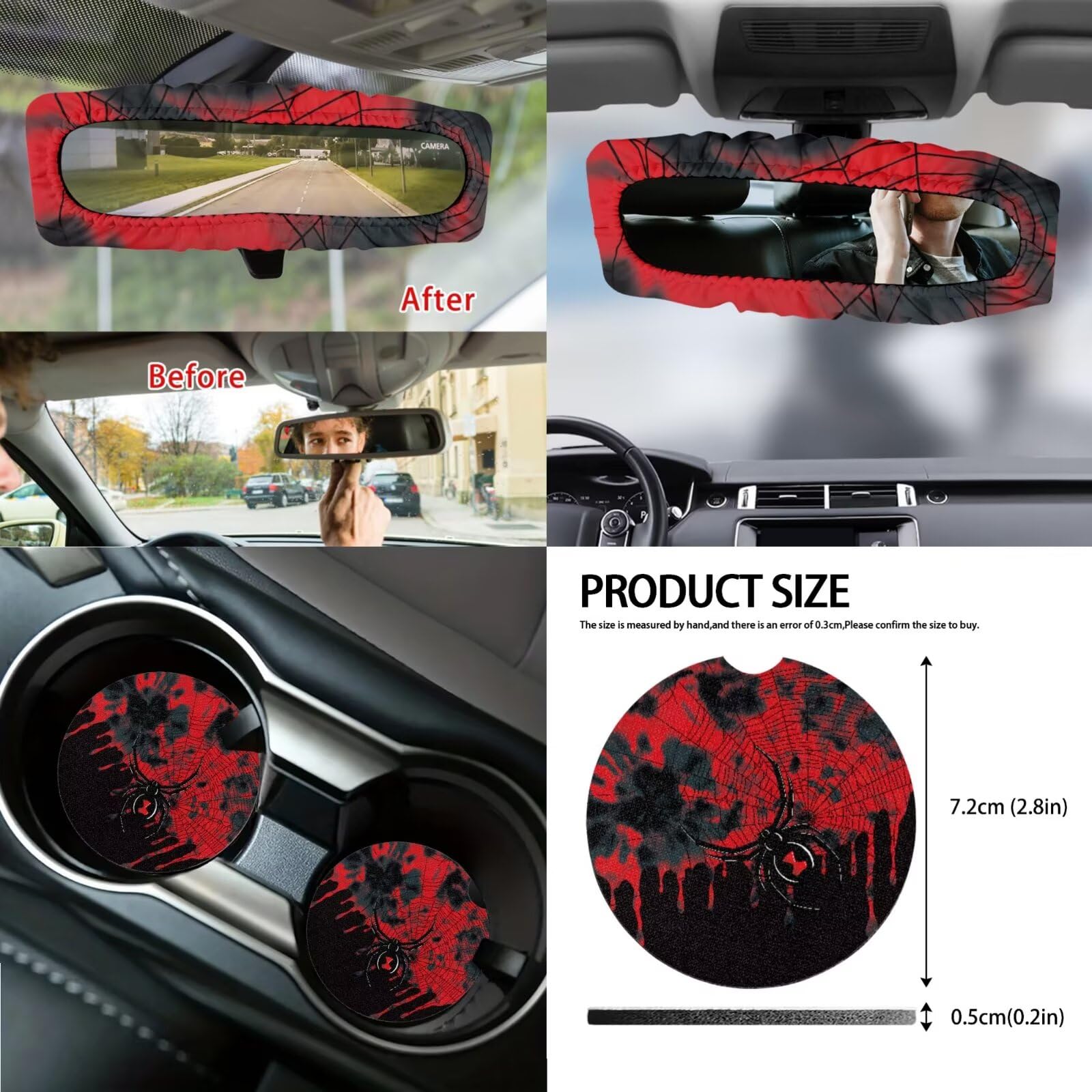 Set di coprisedili per auto, motivo ragnatela, coprisedili anteriori e posteriori, coprivolante, leva del cambio + copribracciolo, cuscinetti per cinture di sicurezza, pattumiera