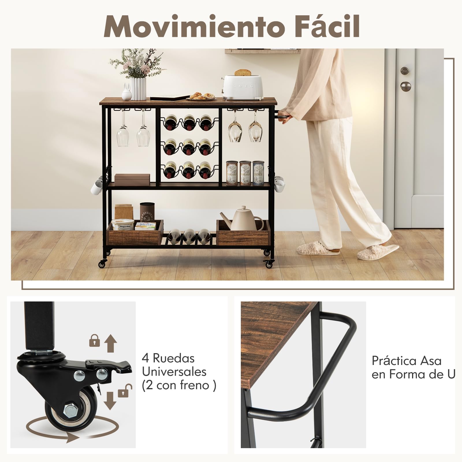 GIANTEX Carro de Servicio Industrial de 3 Niveles, Carrito de Cocina con Portavasos, Soporte para Botellas, 2 Bandejas Inferiores, Ruedas Universales con Cerradura para Comedor (Marrón)