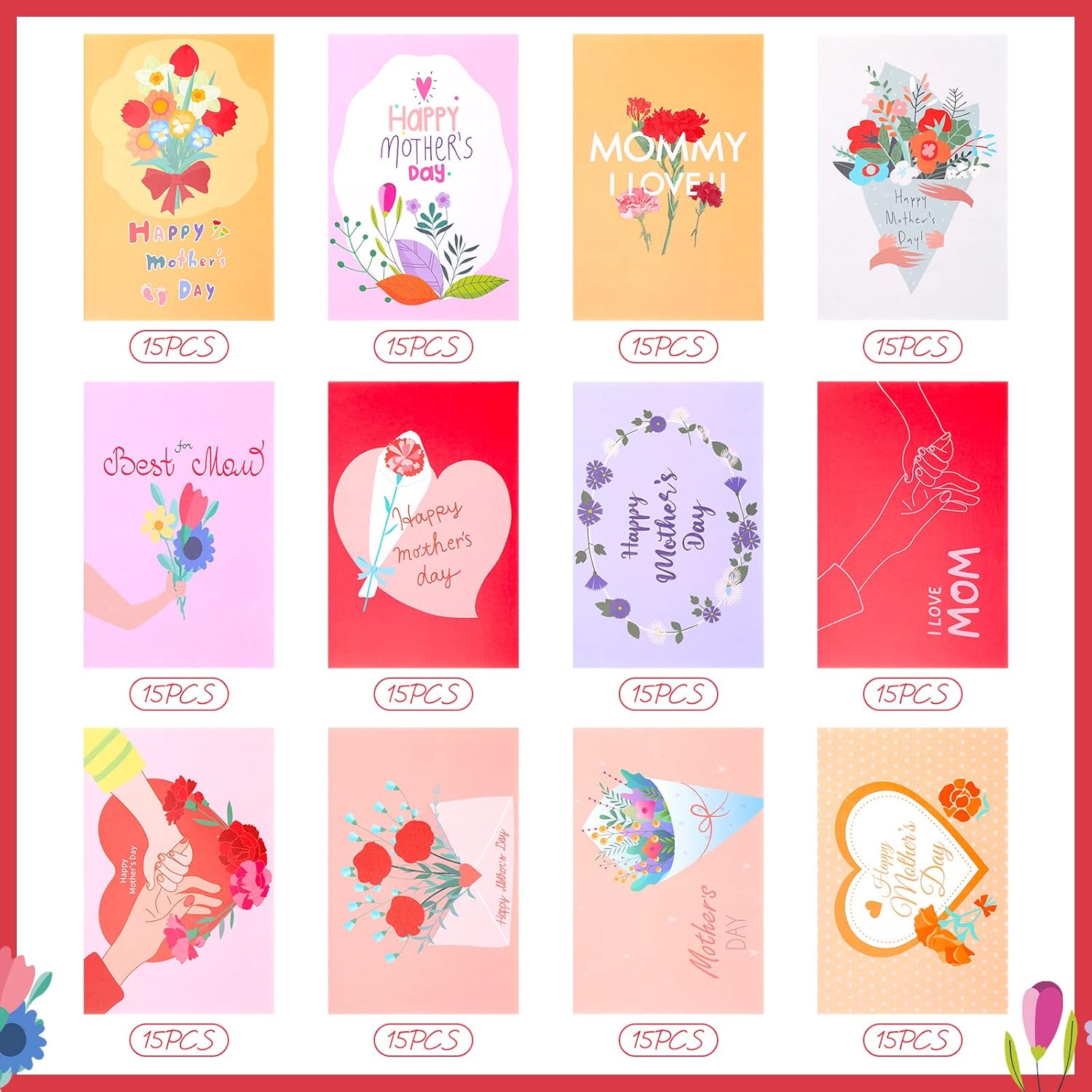 Fuutreo 180 Pack Mother's Day Cards Bulk Assortment with 180 Envelopes and 180 Cute Stickers Floral Mother's Day Greeting Cards Blank Inside for Birthday Supplies, 4 x 6 Inch, 12designs