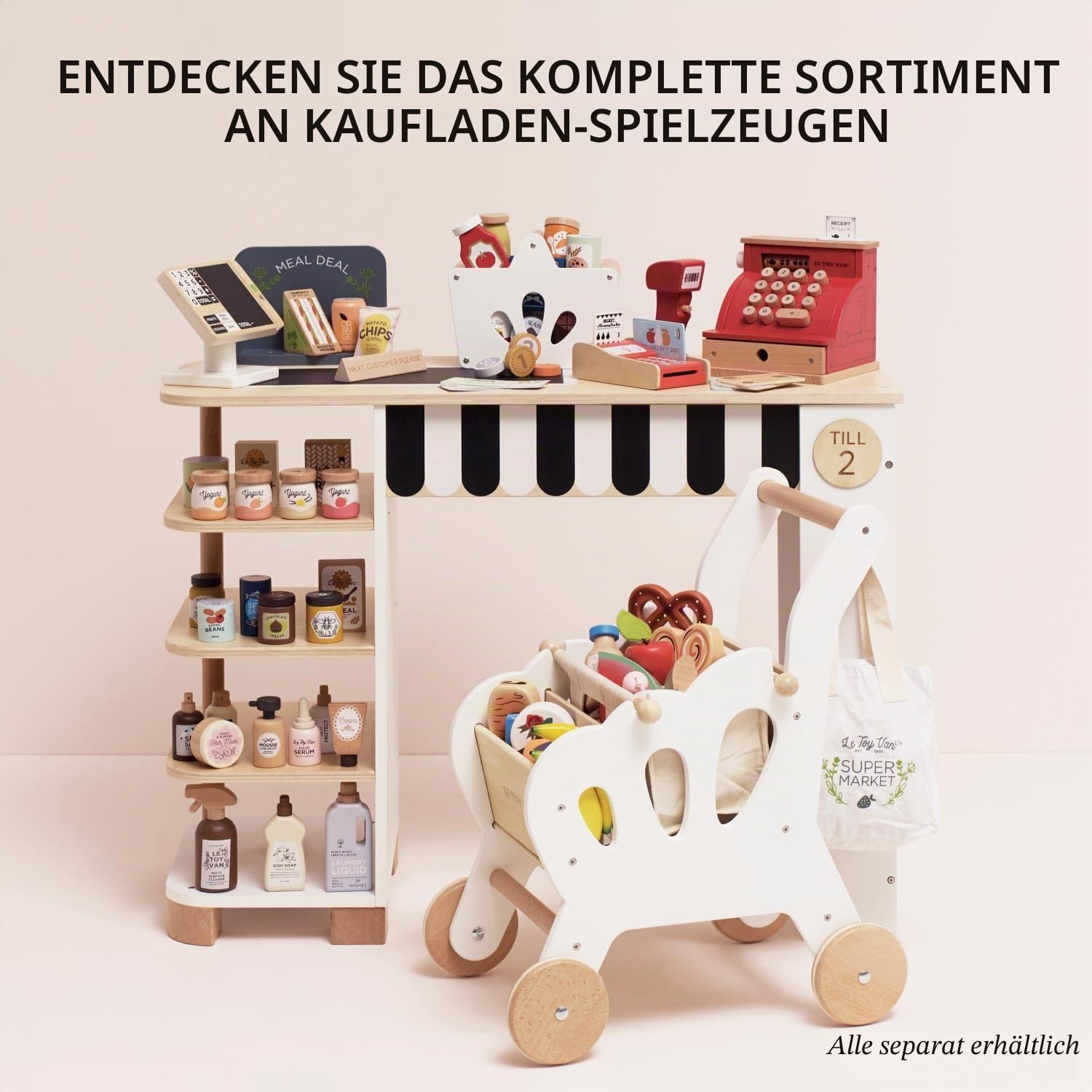 Le Toy Van – Honeybake Rollenspiel Kasse aus Holz mit Kassenbeleg, Kassenschublade und Spielgeld | Ideal für Rollenspiel Supermarkt, Lebensmittelladen oder Café, Geldkasse, TV295