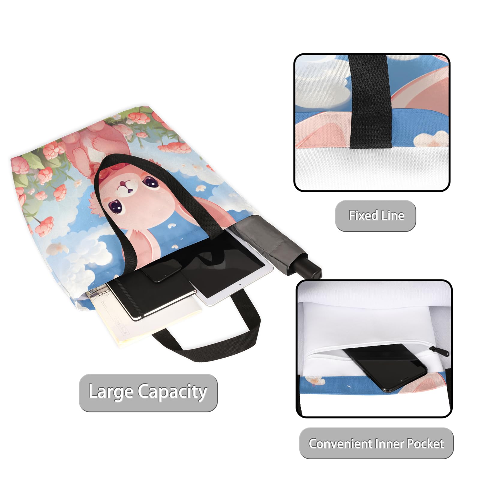 Mularoka Cute Rabbit Flowers Large Capacity Canvas Tote Bag Stylish Handheld Shoulder Bag Reusable Shopping Bag for Work Travel Beach Trips Shopping