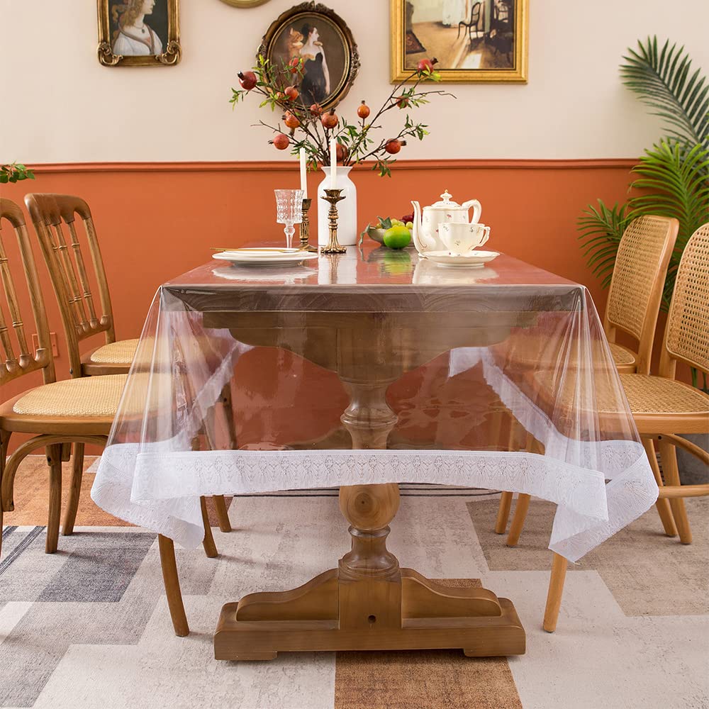 Fhberni Clear Plastic Rectangle Tablecloth Waterproof Vinyl PVC Tablecloth Embroidered Lace Edge Transparent Table Cover For Kitchen Outdoor And Indoor Uses-60x94 Inch, 2 Floral