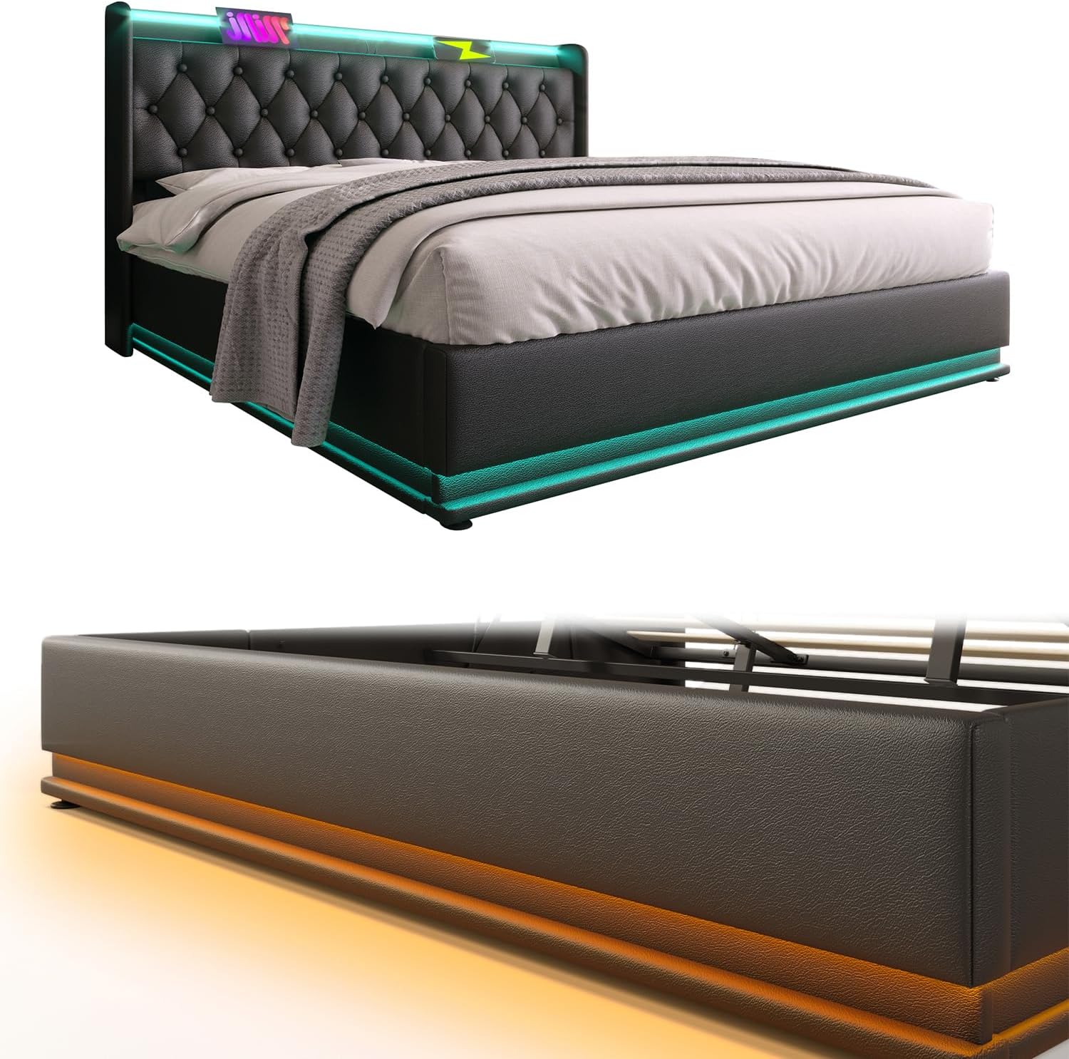 King Size Lift up Storage Platform Bed with 360 Degree Surround LED Light, Bedroom Upholstered Hydraulic Smart Bed Frame, No Noise, No Spring Mattress Required, Easy to Assemble (Black, King)