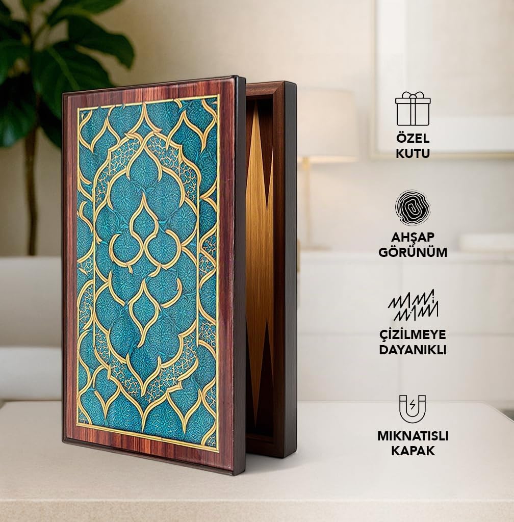 Biggdesign Oriental Backgammon Set aus MDF, Magnetverschluss & Spielsteinen | 16 mm MDF-Korpus, Magnetverschluss, doppellagiger Klarlack, Coex-Cellophan-Spielfläche, Würfel & Spielsteine, Made in Türkiye