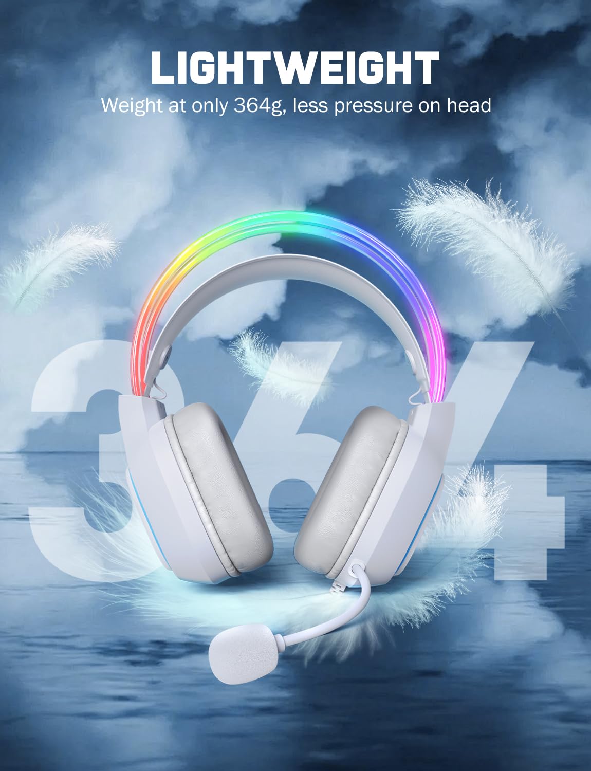 ONITOON Gaming Headset with Microphone, RGB Lights, Detachable Cat Ear, Lightweight Over-Ear Headphones with Adjustable Headband for PC, PS4, PS5, Mac, Switch, Surround Sound, in-Line Control, White - 5