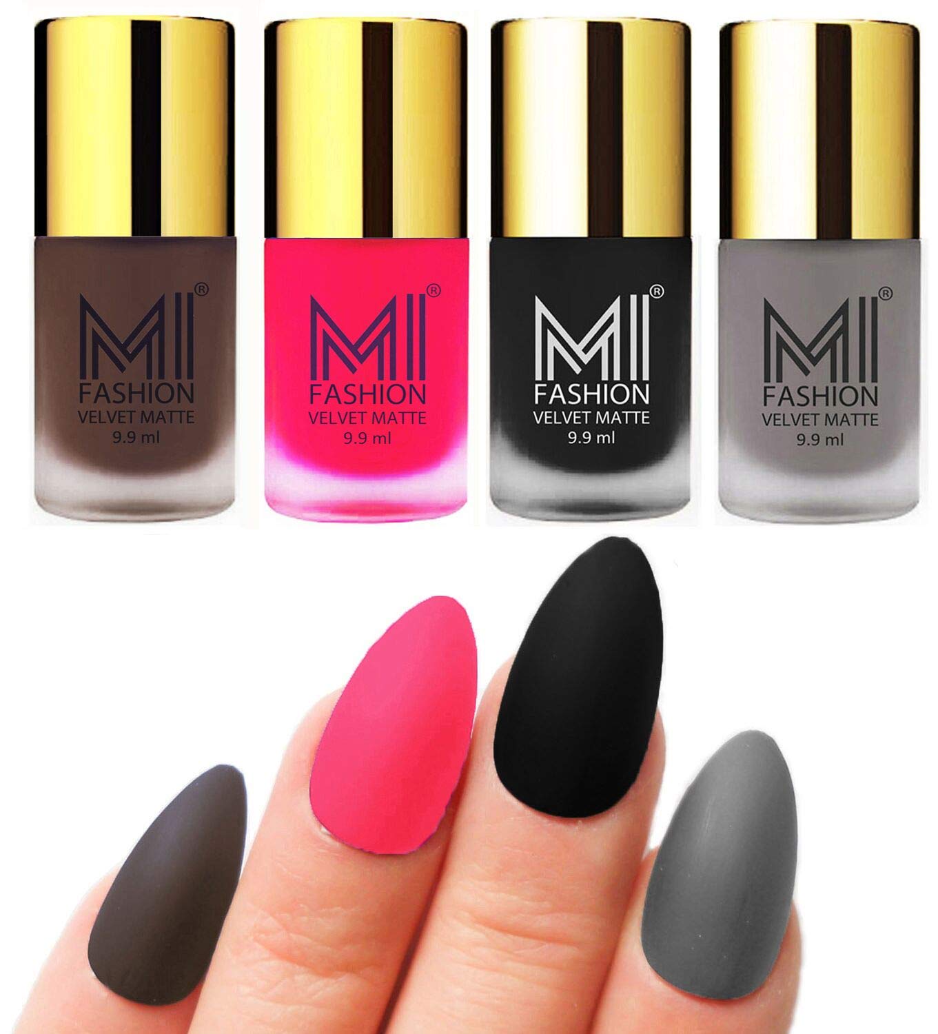 MI FASHION Velvet Matte Lacquer Nail Paint Sets Water Resistant 9.9ml Coffee, Neon Pink, Black, Grey (Pack Of-4)-image-1