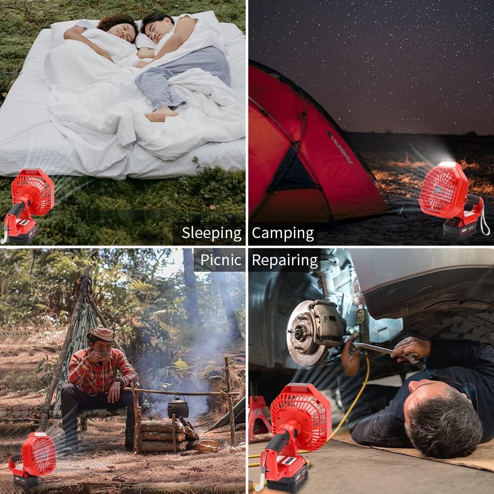 Choerinton Cordless Portable Fan Compatible with Milwaukee M18 18V Battery Camping Fan Portable Battery Powered Fans with 180LM Light USB Port 3 Speed for Car Repair Picnic Job Site Outdoor(Tool Only)