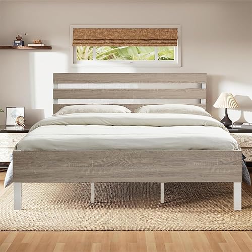 Miniatura 3 de Cama de plataforma de metal tamaño King con cabecero y estribo de madera, no necesita somier, fácil montaje, color blanco crema