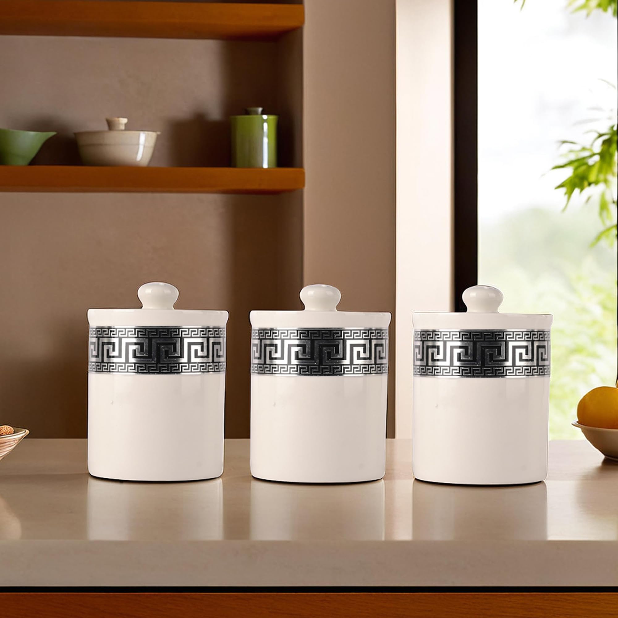 Kuber Industries Set of 3 (800 ml) Airtight Ceramic Salt Jar Storage Set with Ceramic Lid or Holder For Kitchen Condiment | Chini Mitti Pots Container for Achar | Black Print White
