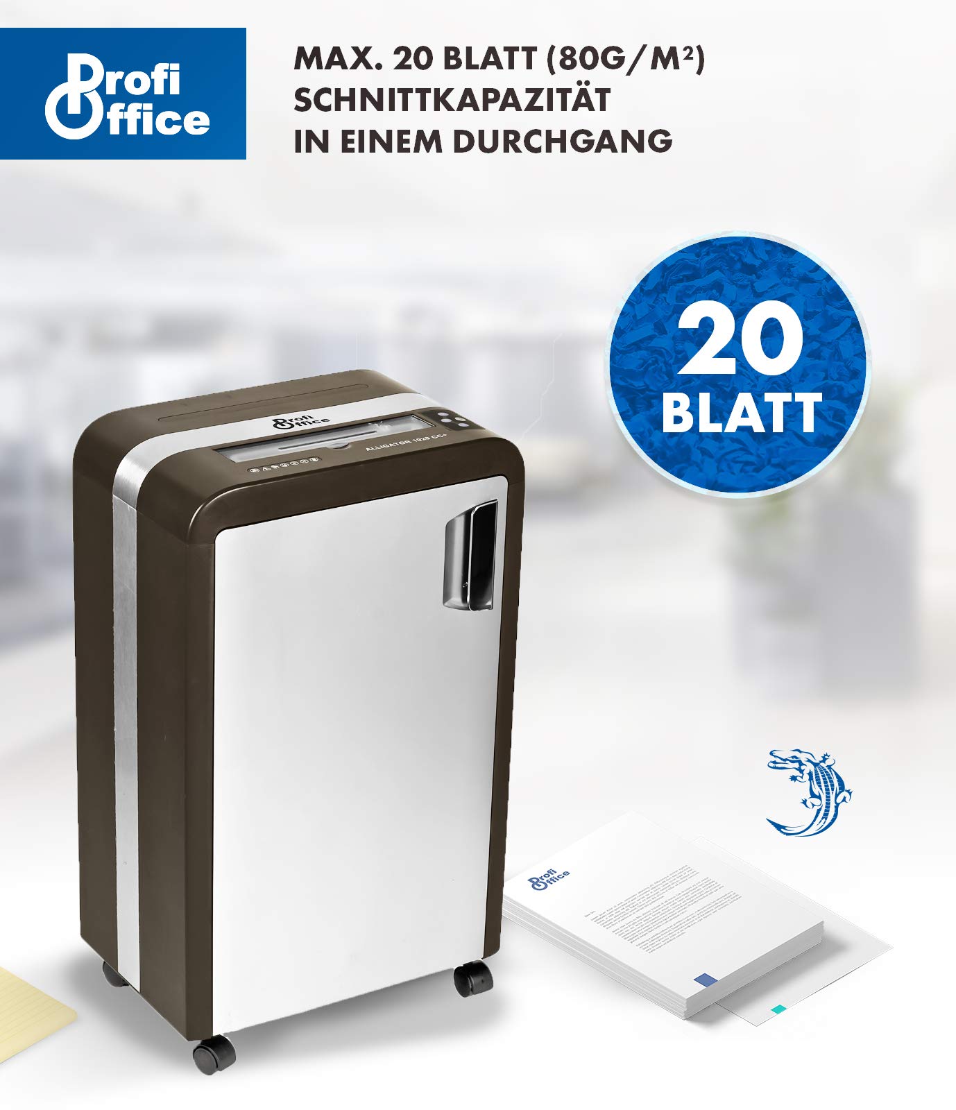 Destructora de Papel Alligator 1020 CC Plus – Trituradora 20 Hojas Corte Cruzado P-3 | para Gran Oficina, Pantalla Digital, Papelera 30L, Silenciosa para CD y Tarjetas, 350W