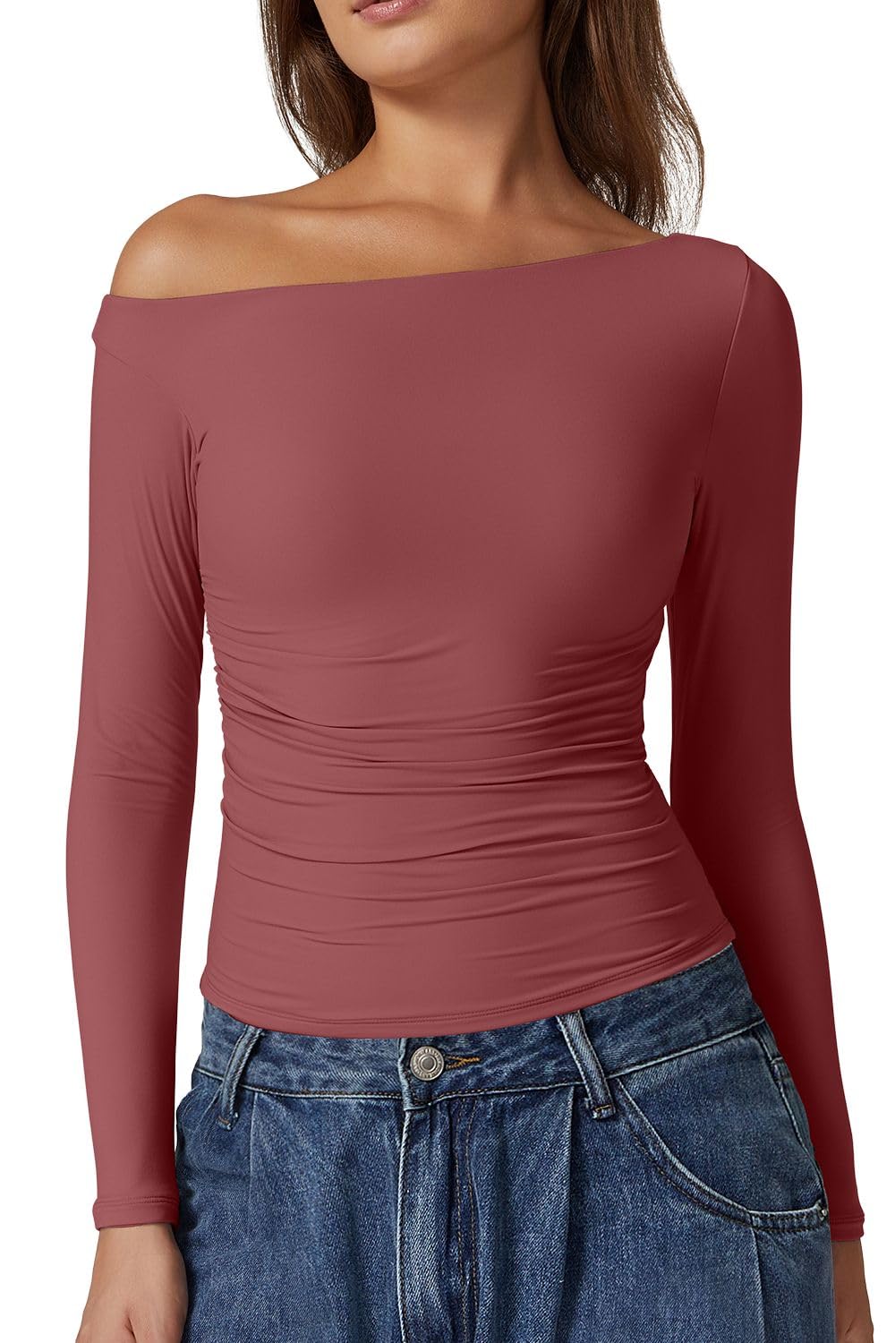 QINSEN Women's Sexy Off Shoulder Shirt Long Sleeve Double Lined Tops Side Ruched Fitted Tees