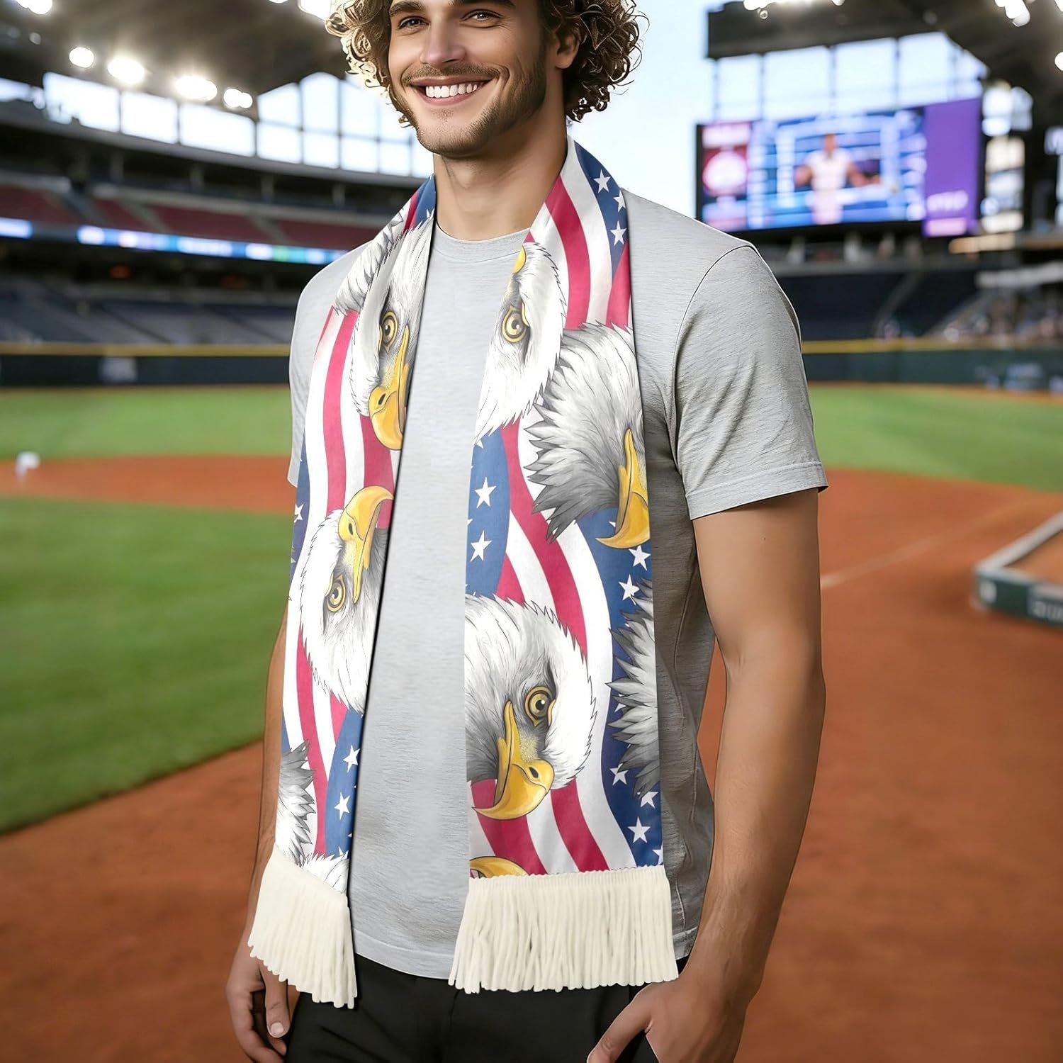 CHIFIGNO Flag Eagle Patriotic Sports Fan Scarf Towel, Soft Polyester Rally Towel for Soccer Games, Quick Dry Cheering Scarf with Fringe Ends