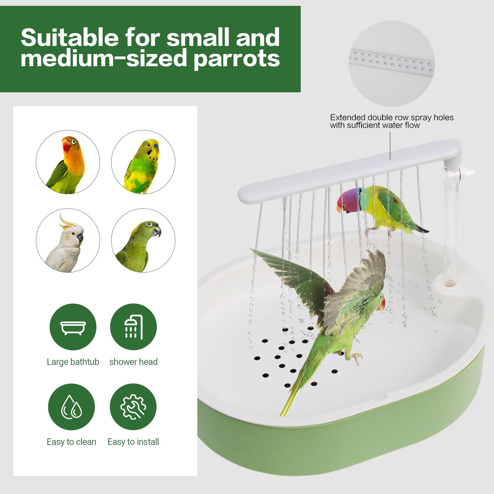 Baignoire automatique pour oiseaux pour cage - Avec pompe, filtre, douche d'intérieur avec eau courante - Pour oiseaux, conures, perruches, calopsittes et inséparables (vert)