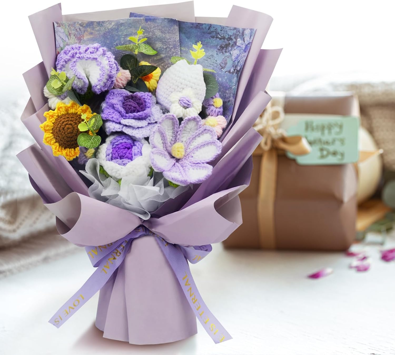 Large Crochet Flowers Bouquet – Handmade Knitted Tulips, Carnations, Sunflowers, Roses – Gift for Women for Valentine's Day, Anniversary, Birthday, Mother's Day, Wedding or Home Decor (Purple, 15.75″) - Image 2