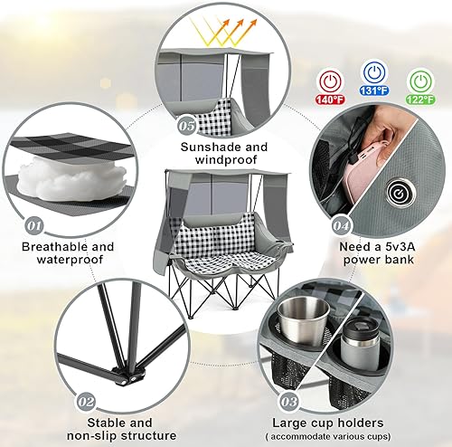 Miniatura 3 de Silla de campamento doble climatizada con toldo, silla portátil plegable de gran tamaño de 660 libras con acolchado, 4 zonas de calefacción, 3