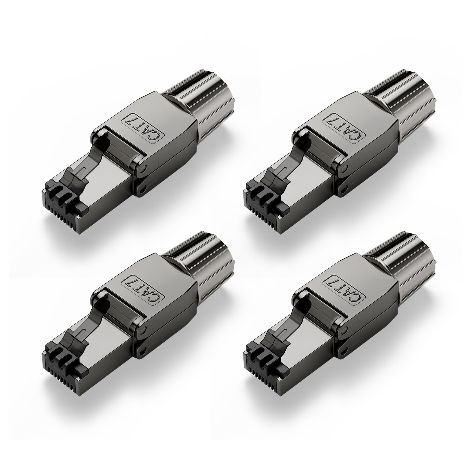 VCELINK Lot de 4 fiches RJ45 sans outil Cat 7 Cat6a, fiche réseau POE++, fiche Cat 7 10 Gbps 600 MHz blindée, fiche LAN avec connecteur LSA pour câble d'installation, câble de pose, noir