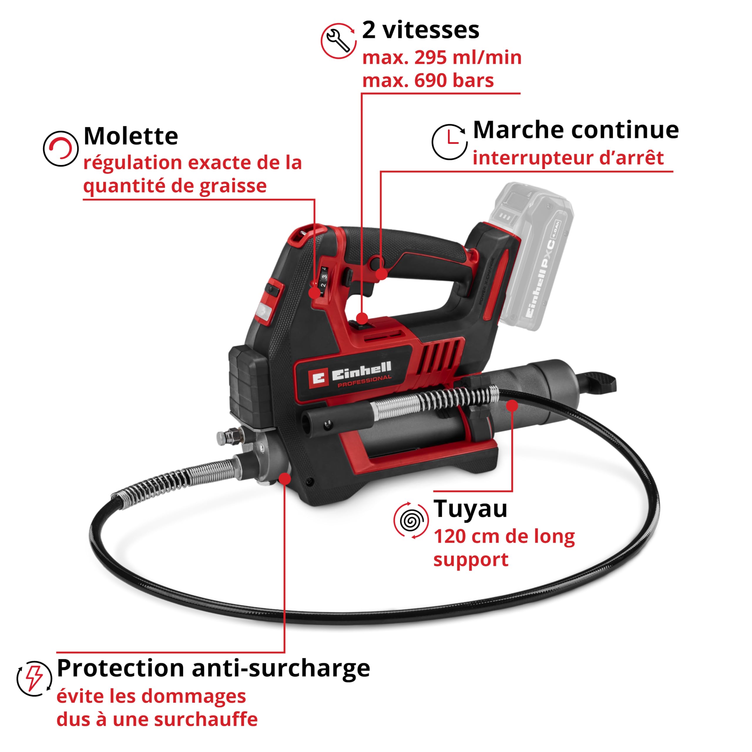 Pompe à graisse sans fil Einhell Professional TP-GR 18/690 Li-Solo | PXC | 18 V | max. 690 bar/10 000 PSI | débit max. 295 ml/min | régulation de la quantité de graisse | 2 vitesses | sans fil