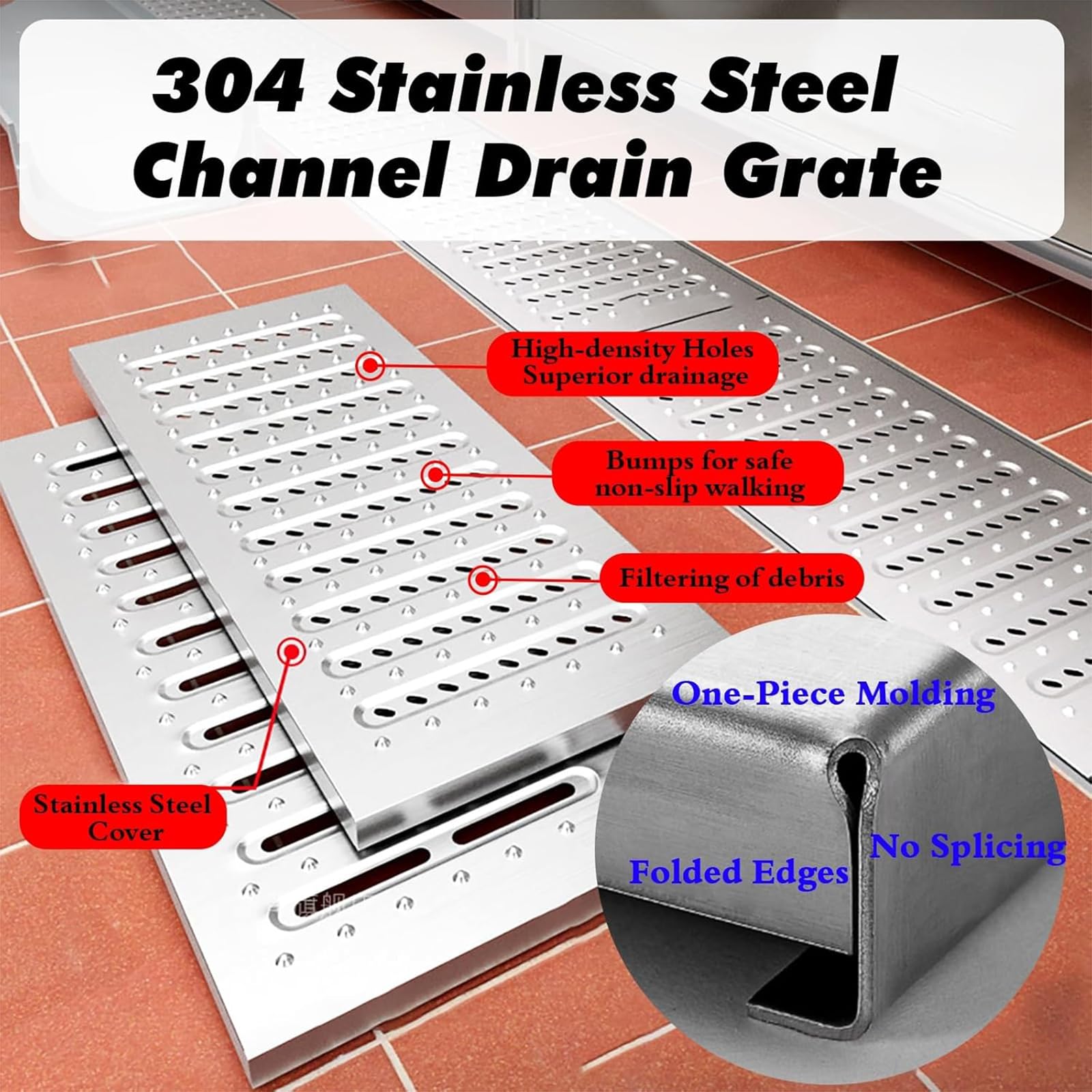 Colador de desagüe de Acero Inoxidable - 2 Piezas Rejilla Rectangular para desagüe Exterior para Garaje y canaleta 25x58cm Cubierta de Drenaje de Agua de Lluvia con Orificios Solución de Dre