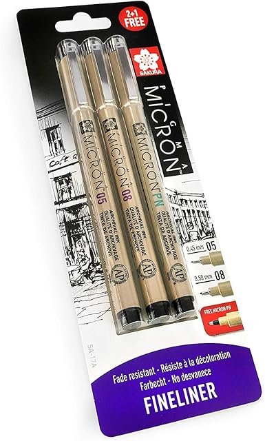 Sakura Pigma Micron - Pigment Fineliner Pens - 0.5/0.8mm/PN - Black Ink - Blister Pack of 3