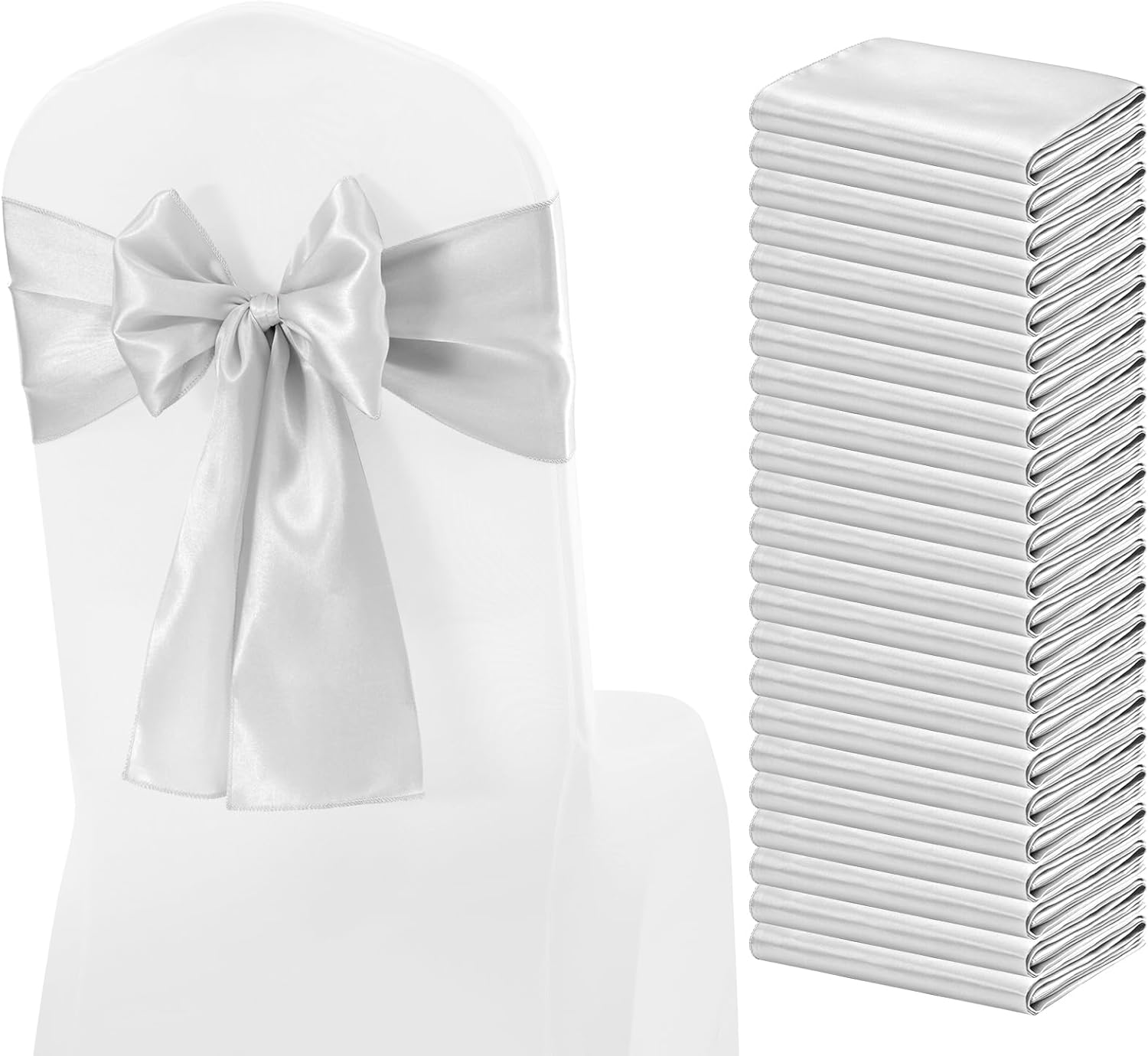 EVSGSONL 60Pcs Satin Chair Sashes Ties, Silver Satin Chair