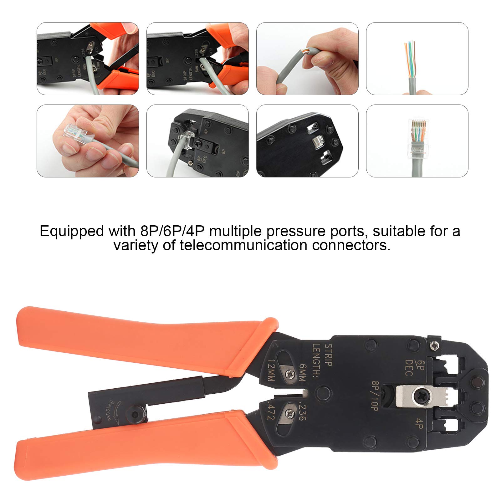 Pinza per crimpare in acciaio ad alto tenore di carbonio, strumento manuale per la crimpatura dei cavi, con design ergonomico a cricchetto e porte 8P/6P/4P per connettori di