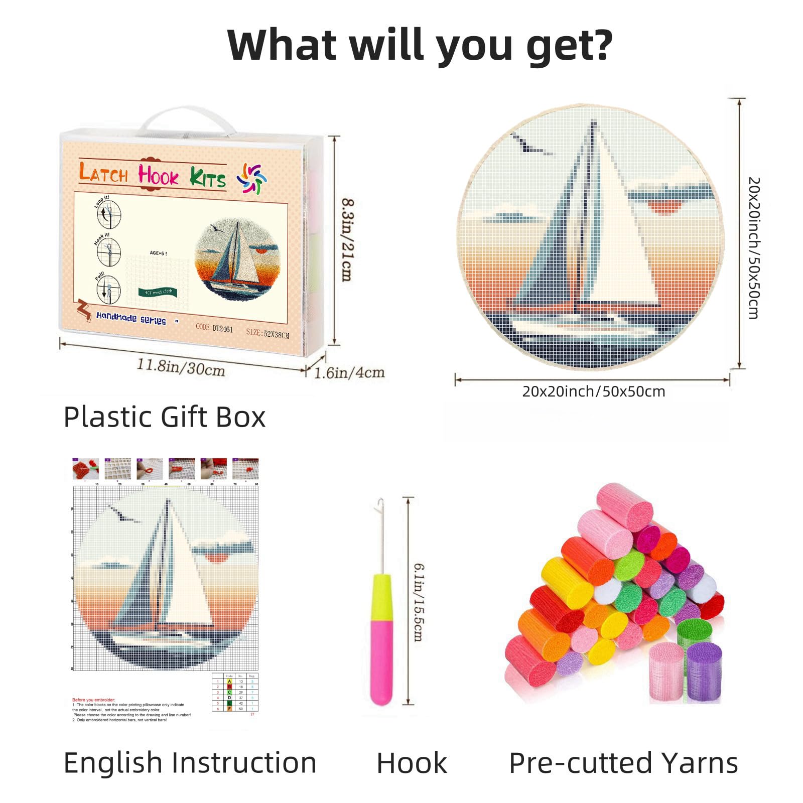 Latch Hook Rug Kit Sailboat Stamped Handmade Round Shape Carpet Crochet Yarn Craft DIY Hook and Latch Door Mat Tapestry for Christmas Home Floor Decor 50x50cm(2)