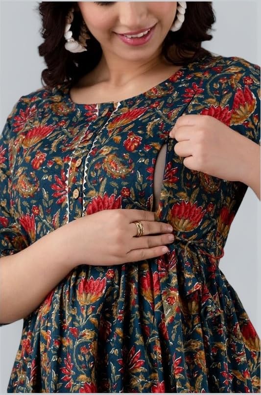 Stylish Women's Pure Cotton All Over Printed Kurti Gown, Maternity Dress, and Feeding Dress – Comfortable and Elegant Maternity Wear for Women