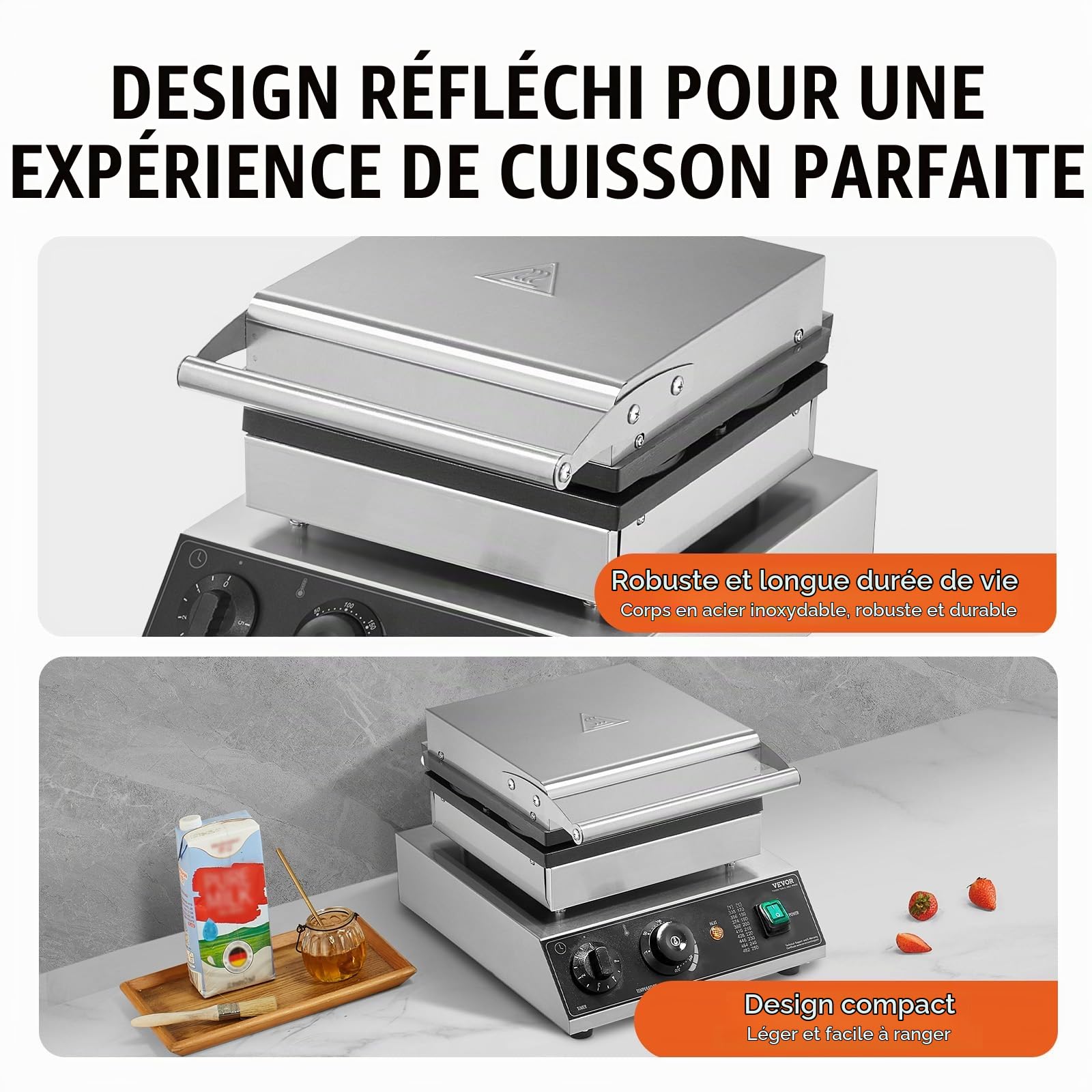 VEVOR Gaufrier Commercial 1750 W, Appareil à Gaufres Rondes Capacité 4PCs, en Acier Inoxydable, Antiadhésif, avec Contrôle de la Température et du Temps, pour Restaurant, Boulangerie, Snack-bar