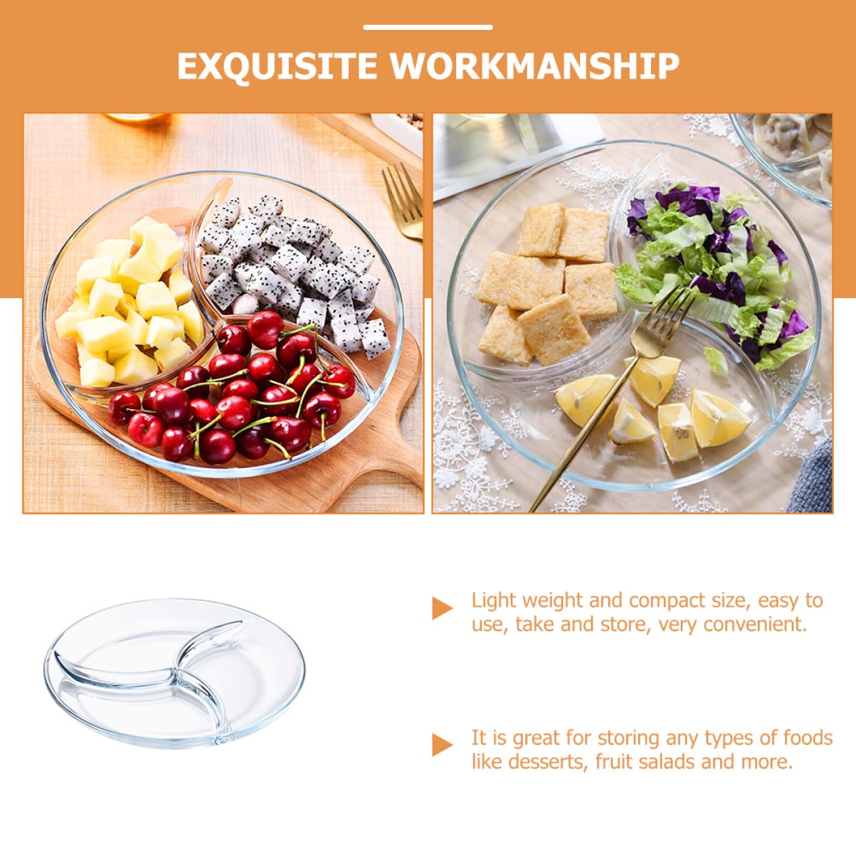 Cabilock Assiette Séparation des Aliments à 3 Compartiments Divisée en Verre Trempé Usage Facile pour Fruits et Salade Barbecue et Jardin