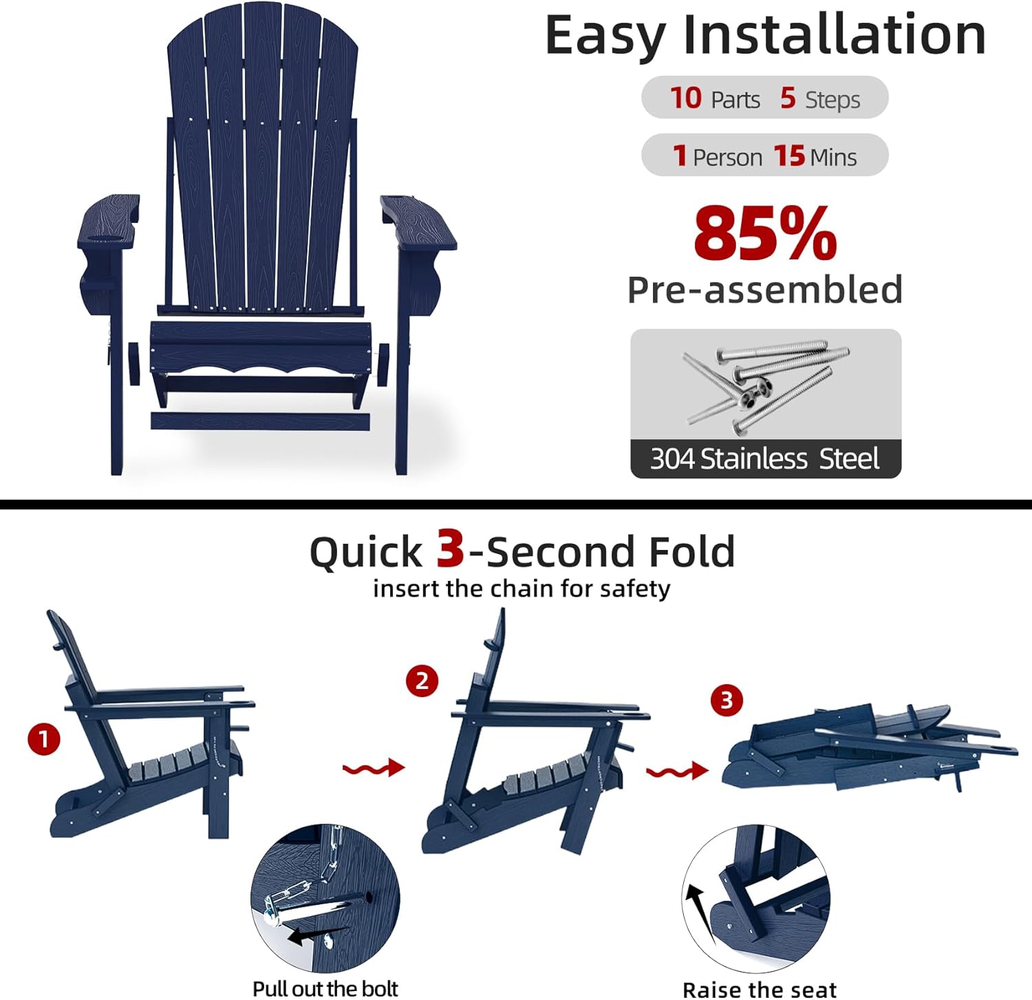 Folding Adirondack Chairs, HDPE Plastic Adirondack Chair with Cup Holder Weather Resistant, Wood Texture Outdoor Fire Pit Chairs for Patio Garden,Poolside and Deck, Umbrella Hole, Dark Blue