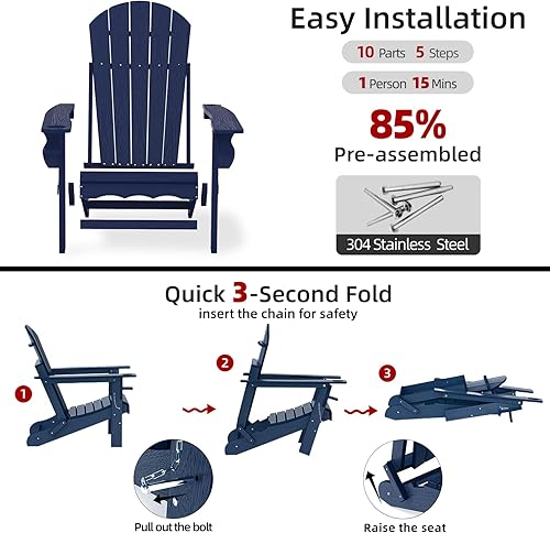 Miniatura 7 de Sillas Adirondack plegables, silla Adirondack de plástico HDPE con soporte para tazas, resistente a la intemperie, textura de madera, sillas para