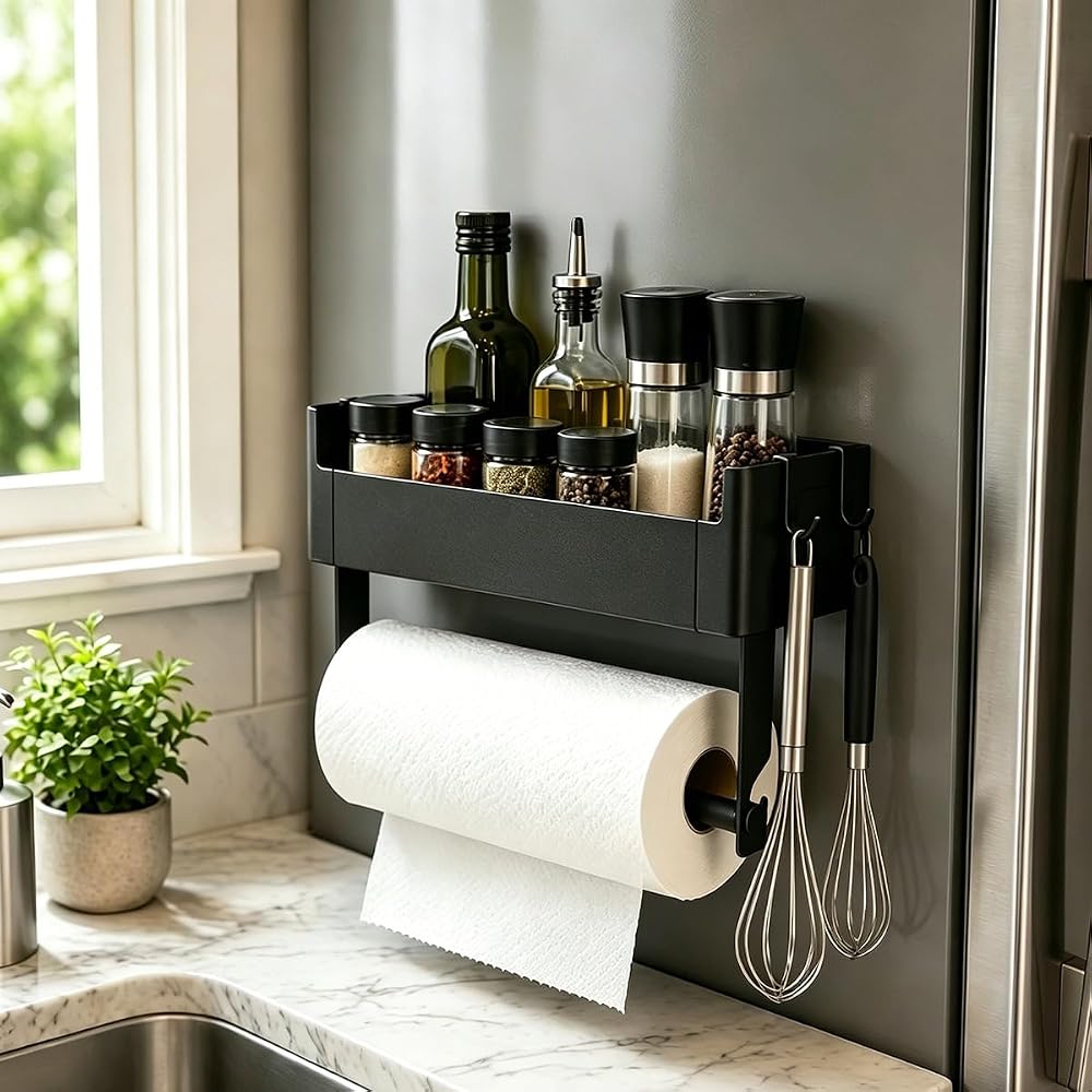 Magnetic Spice Rack for Refrigerator with Paper Towel Holder, Magnetic Spice Organizer Shelf for Small Kitchen Storage, Space Saver Container for Apartment, Black