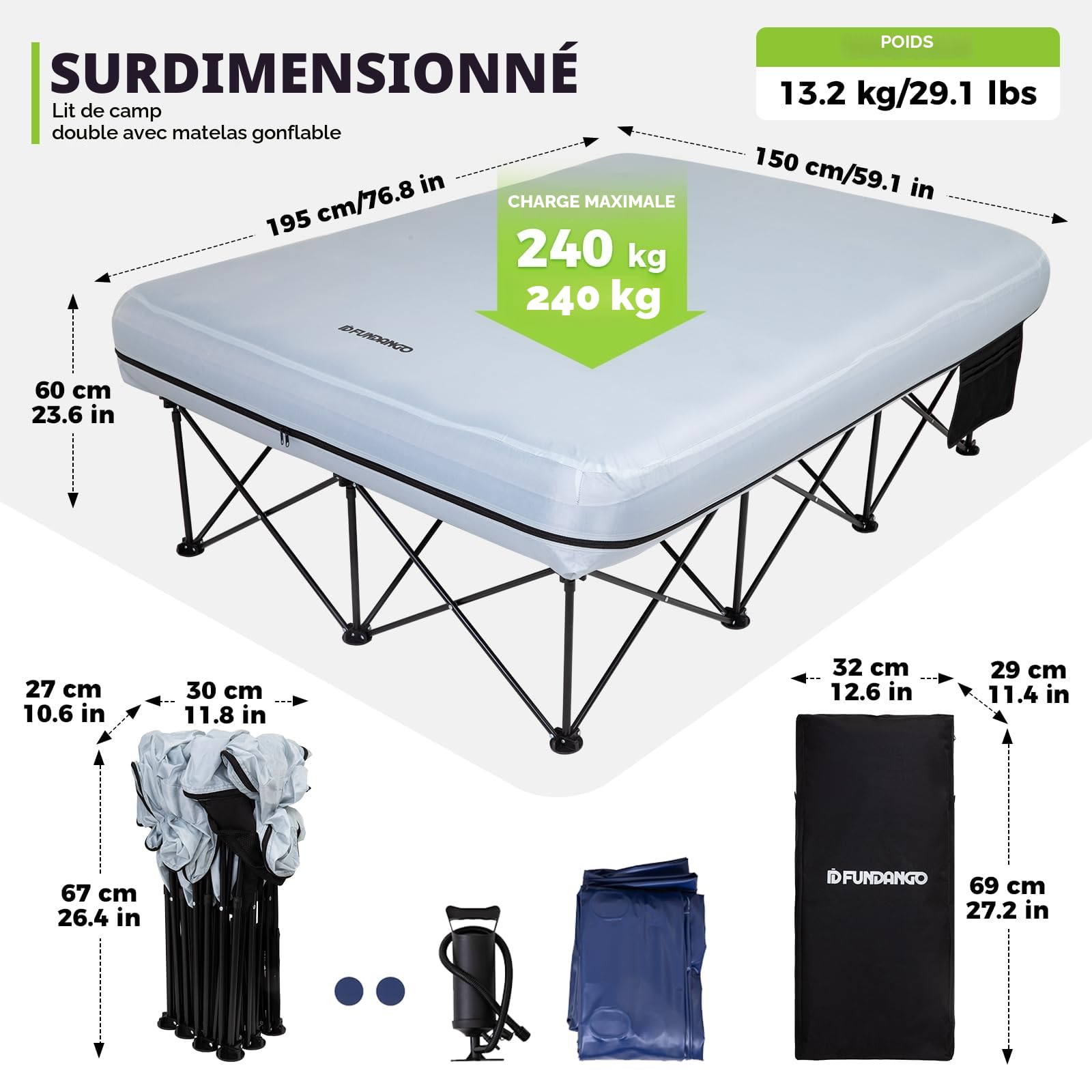 FUNDANGO Lit de Camp Double Avec Matelas Pneumatique, Pliable Pour 2 Personnes, Portable Avec Pompe à Air, Table d'Appoint, Pour Voyage, Pêche