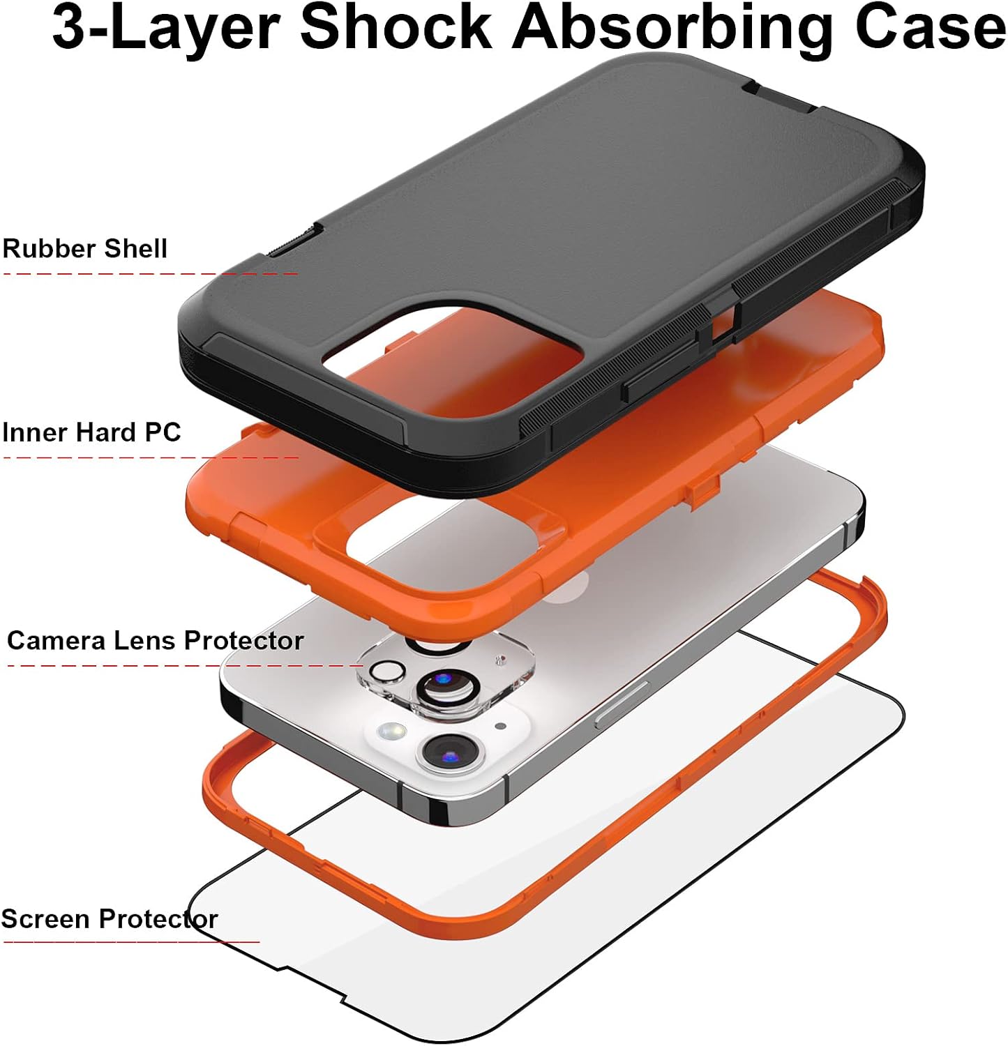 Case for iPhone 13 Case 6.1" Belt-Clip Kickstand Holster with 2 Screen Protector + 2 Camera Lens Protector, Full Body Heavy Duty Military Grade Drop Protection Cover (Black Orange+Clip)